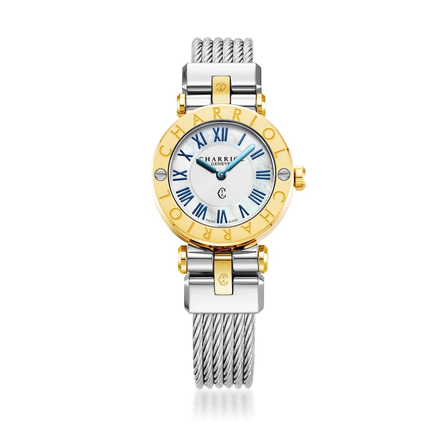 NAVIGATOR CRUISE, 28MM, QUARTZ CALIBRE, WHITE MOTHER-OF-PEARL WITH 12 ROMAN FIGURES DIAL, STEEL YELLOW GOLD PVD "CHARRIOL CHARRIOL" WITH 2 SCREWS BEZEL, STEEL INTERCHANGEABLE CABLE BRACELET WITH 2 YELLOW GOLD PVD ATTACHED - © 2024 Charriol - Watch