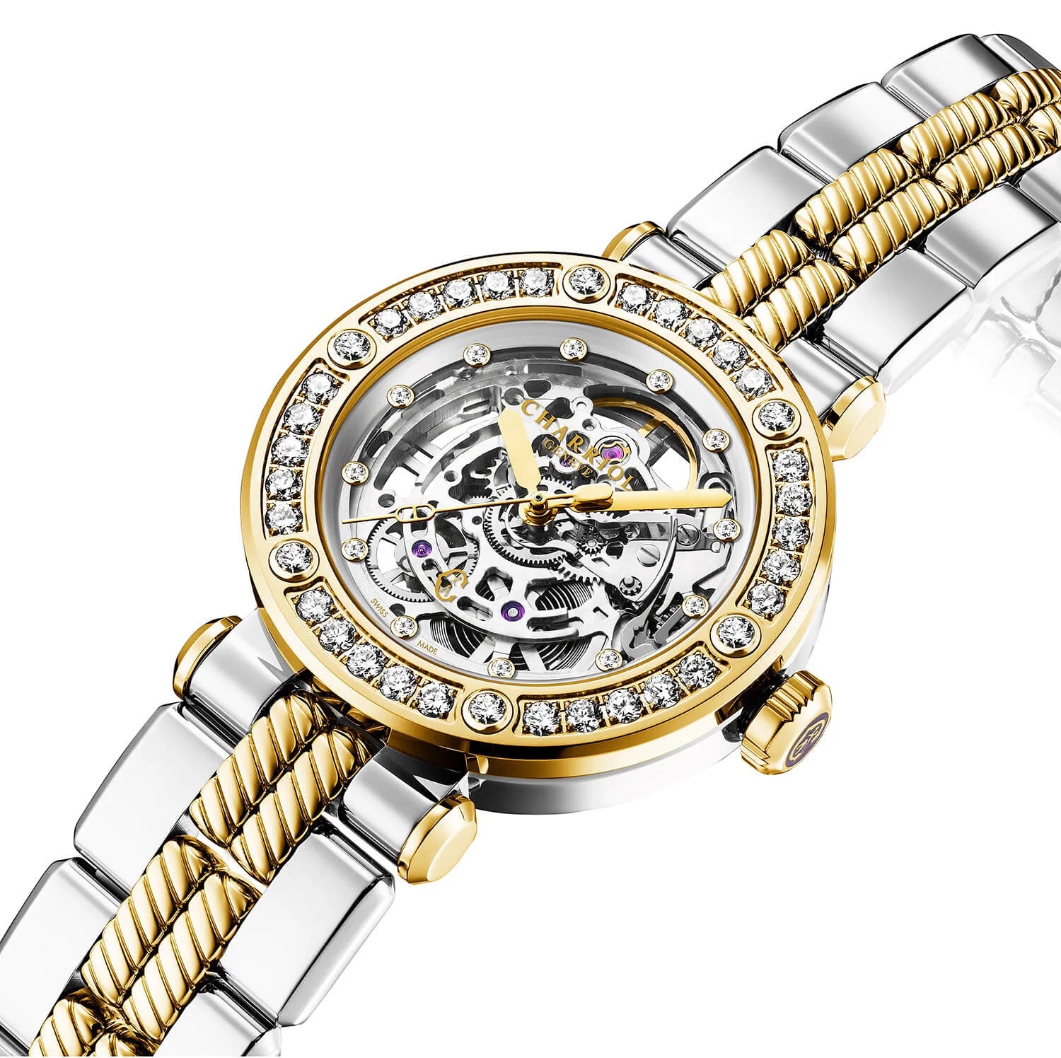 NAVIGATOR CRUISE, 36MM, CHARRIOL SKELETON AUTOMATIC CALIBRE, CRYSTAL WITH 12 DIAMONDS INDEX INNER RING DIAL, STEEL YELLOW GOLD PVD WITH 30 FULLCUTS DIAMONDS & 6 DIAMONDS BEZEL, METAL BICOLOR INTERCHANGEABLE BRACELET - © 2024 Charriol - Watch