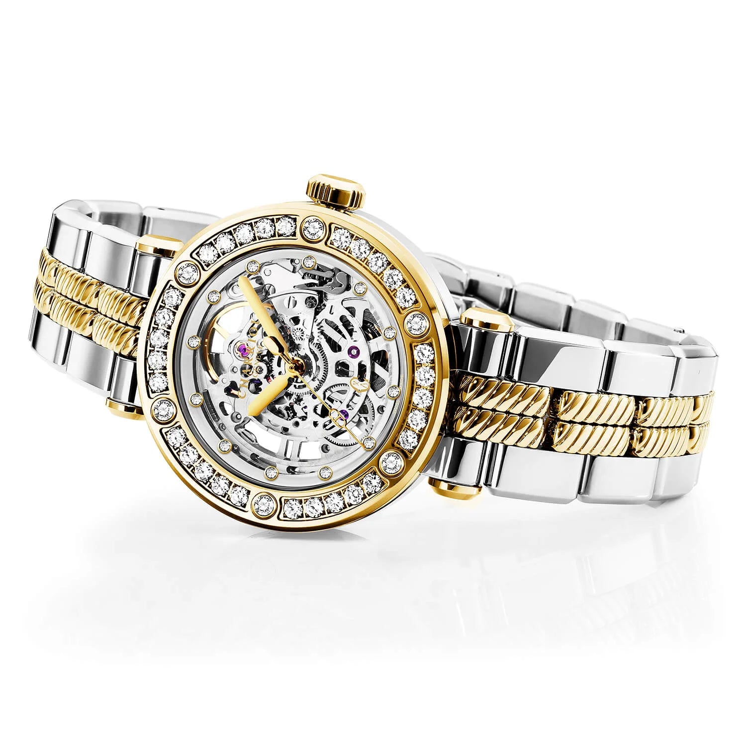 NAVIGATOR CRUISE, 36MM, CHARRIOL SKELETON AUTOMATIC CALIBRE, CRYSTAL WITH 12 DIAMONDS INDEX INNER RING DIAL, STEEL YELLOW GOLD PVD WITH 30 FULLCUTS DIAMONDS & 6 DIAMONDS BEZEL, METAL BICOLOR INTERCHANGEABLE BRACELET - © 2024 Charriol - Watch