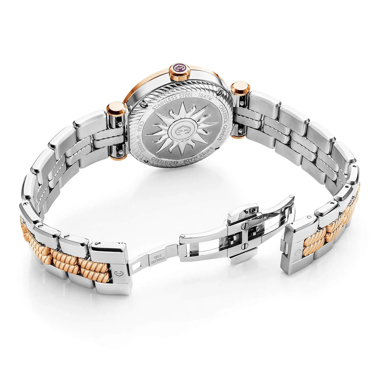 NAVIGATOR CRUISE, 36MM, QUARTZ CALIBRE, WHITE MOTHER OF PEARL WITH ROSE GOLD PVD INDEX DIAL, STEEL ROSE GOLD PVD "CHARRIOL CHARRIOL" WITH 2 SCREWS BEZEL, METAL BICOLOR INTERCHANGEABLE BRACELET - © 2024 Charriol - Watch