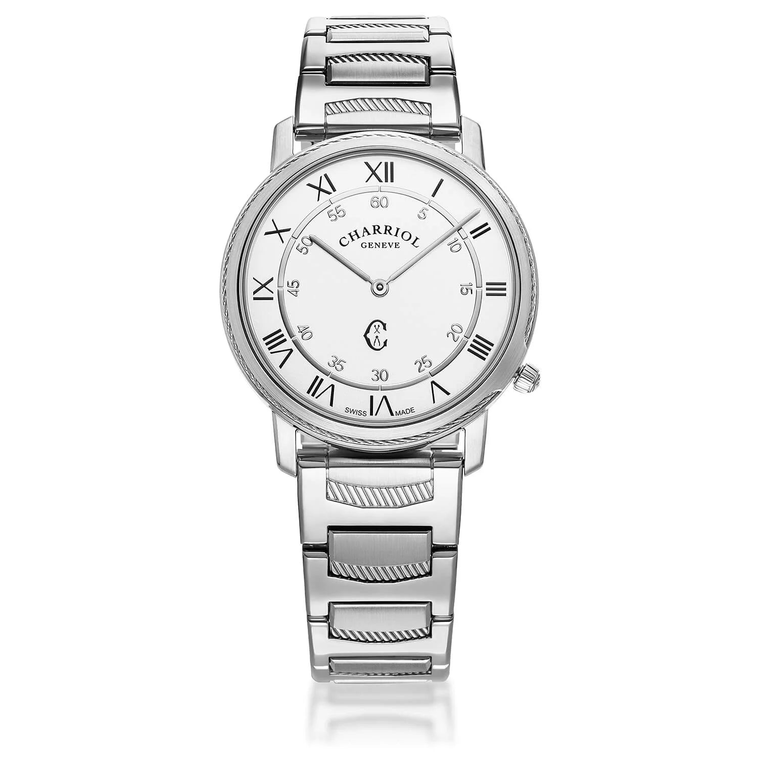 CELTIC® LEGACY, 40MM, QUARTZ CALIBRE, STEEL BEZEL, WHITE WITH ROMAN NUMERALS DIAL, STEEL METAL BRACELET - BLACK FRIDAY - ©2024 Philippe Charriol International Ltd. - Watch