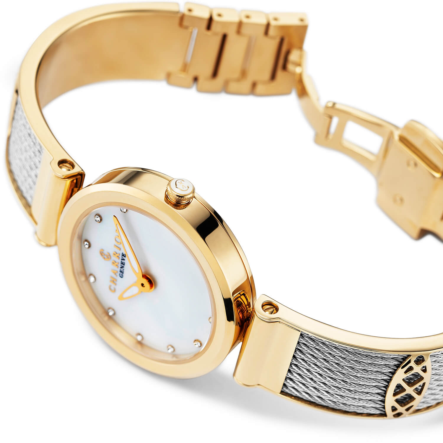 FOREVER, 32MM, KUWARTS KALIBRE, INA-NG-PERLAS NA MAY 12 SIMILIS DIAL, DILAW NA GINTO PVD BEZEL, BAKAL CABLE BRACELET & DILAW NA GINTO PVD DECORS - Charriol Geneve - Panoorin