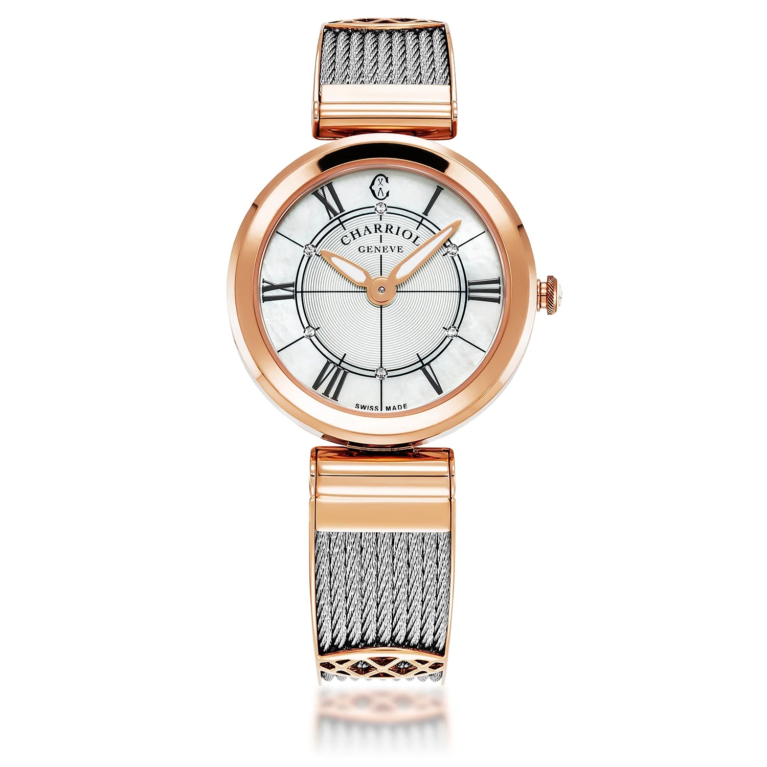 FOREVER, 32MM, KUWARTS KALIBRE, INA-NG-PERLAS DIAL, ROSAS GINTO PVD BEZEL, BAKAL CABLE BRACELET - Charriol Geneve - Panoorin