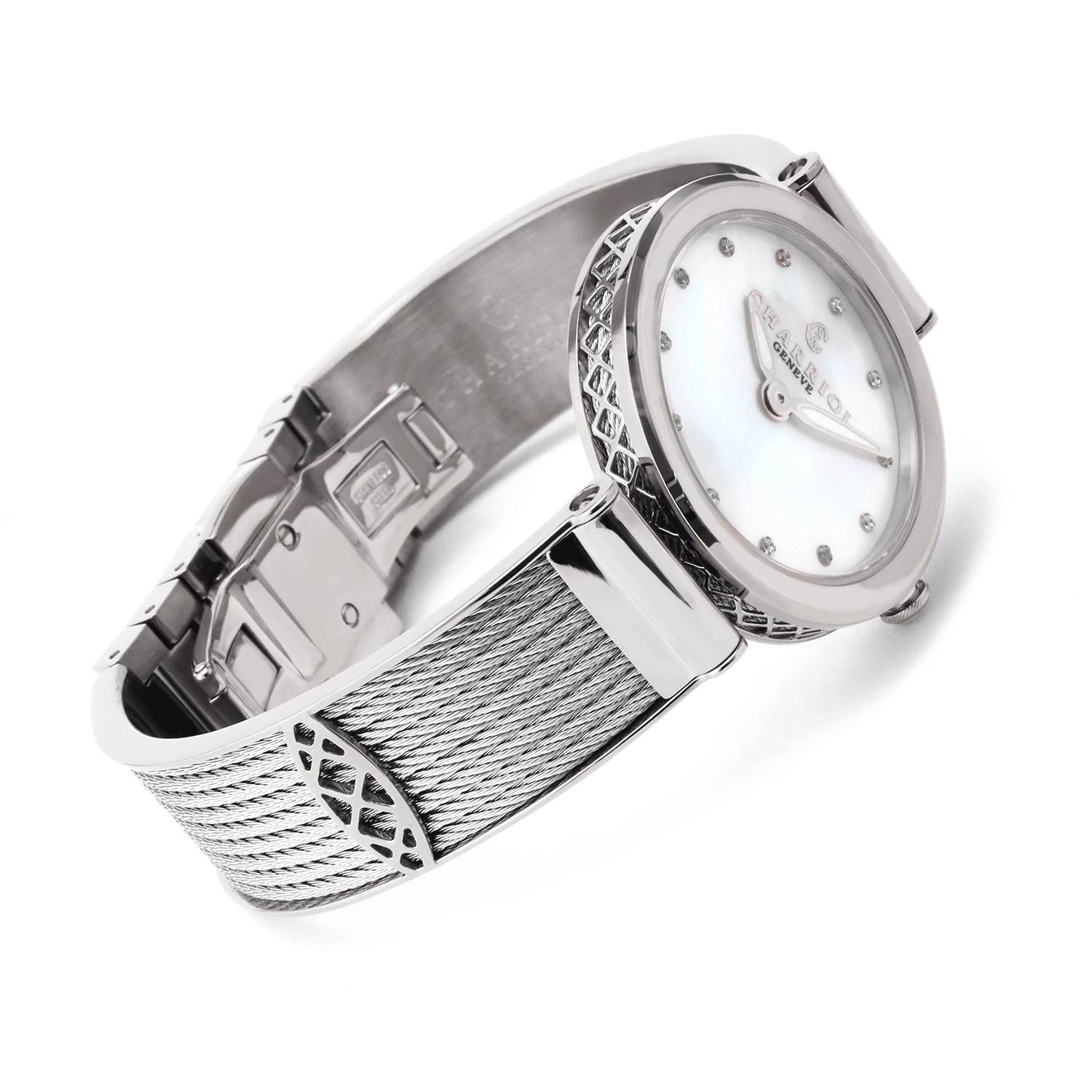 FOREVER, 32MM, KUWARTS KALIBRE, PUTING INA-NG-PERLAS NA MAY 12 SIMILIS DIAL, BAKAL BEZEL, BAKAL CABLE BRACELET - © 2024 Charriol - Panoorin