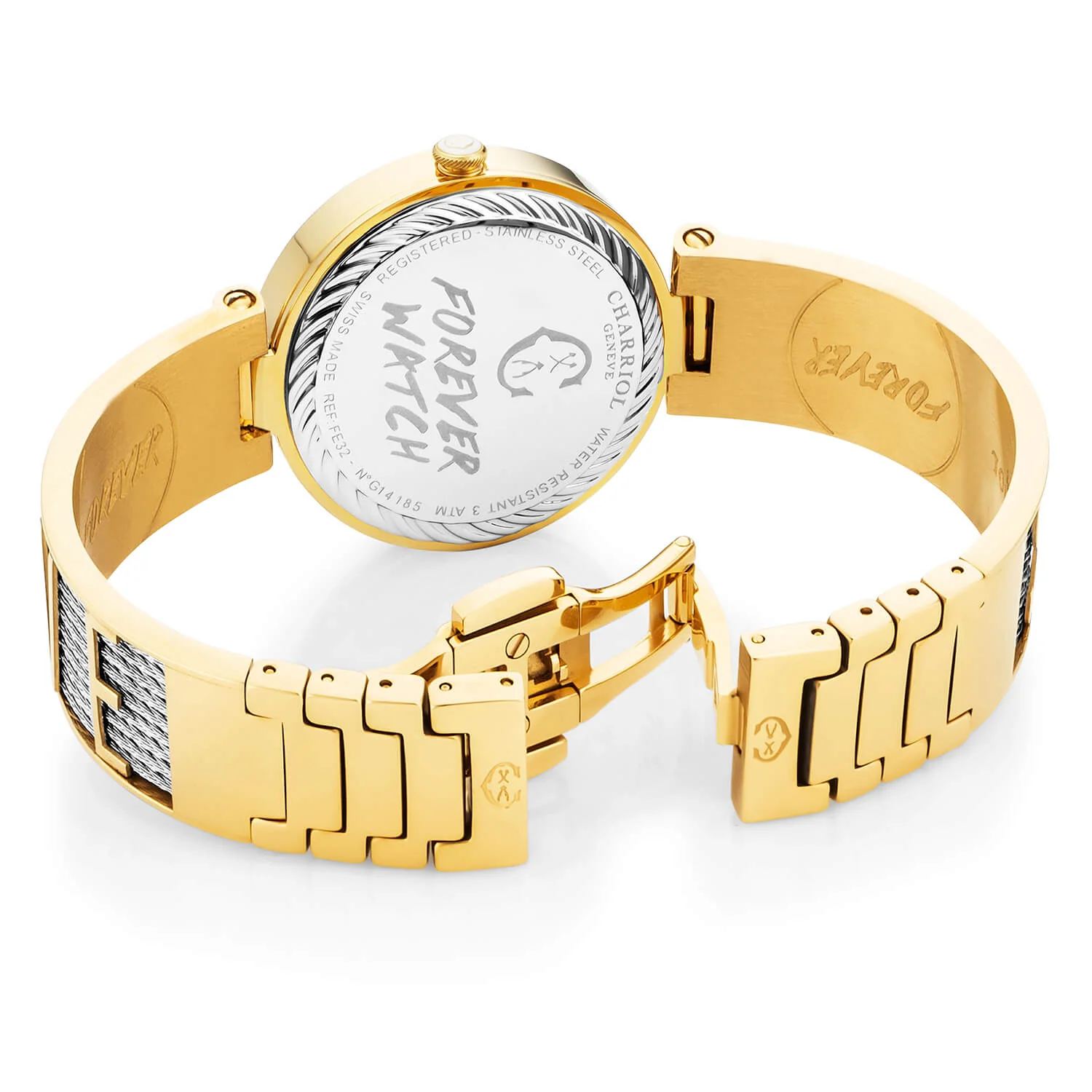 FOREVER IYONG, 32MM, KUWARTS KALIBRE, INA-NG-PERLAS NA MAY 12 DIAMONDS DIAL, DILAW NA GINTO PVD BEZEL, BAKAL CABLE PULSERAS - Charriol Geneve - Panoorin