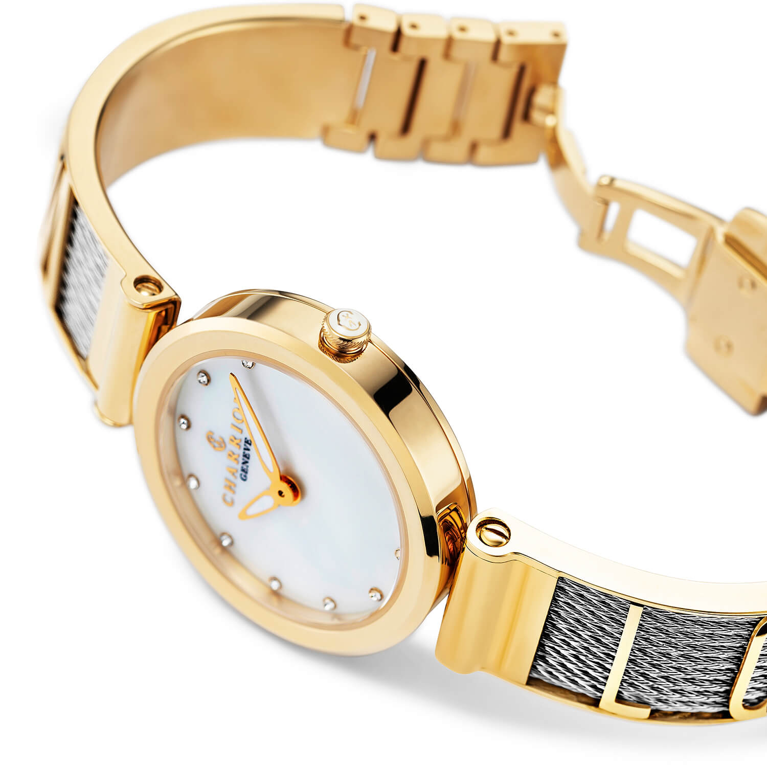 FOREVER IYONG, 32MM, KUWARTS KALIBRE, INA-NG-PERLAS NA MAY 12 DIAMONDS DIAL, DILAW NA GINTO PVD BEZEL, BAKAL CABLE PULSERAS - Charriol Geneve - Panoorin