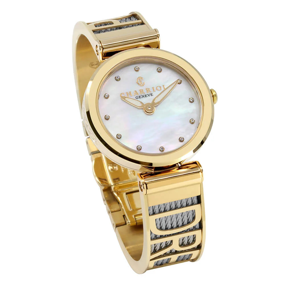 FOREVER IYONG, 32MM, KUWARTS KALIBRE, INA-NG-PERLAS NA MAY 12 DIAMONDS DIAL, DILAW NA GINTO PVD BEZEL, BAKAL CABLE PULSERAS - Charriol Geneve - Panoorin