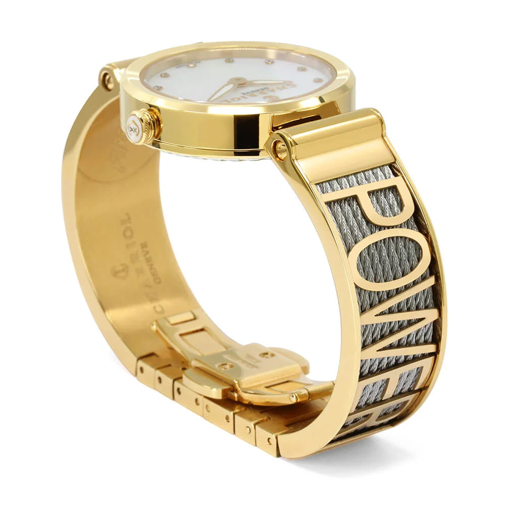 FOREVER IYONG, 32MM, KUWARTS KALIBRE, INA-NG-PERLAS NA MAY 12 DIAMONDS DIAL, DILAW NA GINTO PVD BEZEL, BAKAL CABLE PULSERAS - Charriol Geneve - Panoorin