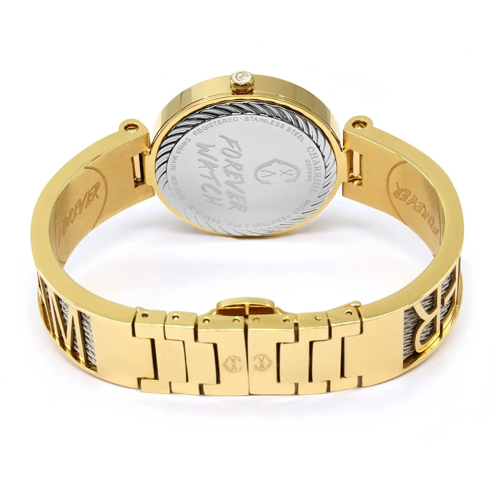FOREVER IYONG, 32MM, KUWARTS KALIBRE, INA-NG-PERLAS NA MAY 12 DIAMONDS DIAL, DILAW NA GINTO PVD BEZEL, BAKAL CABLE PULSERAS - Charriol Geneve - Panoorin