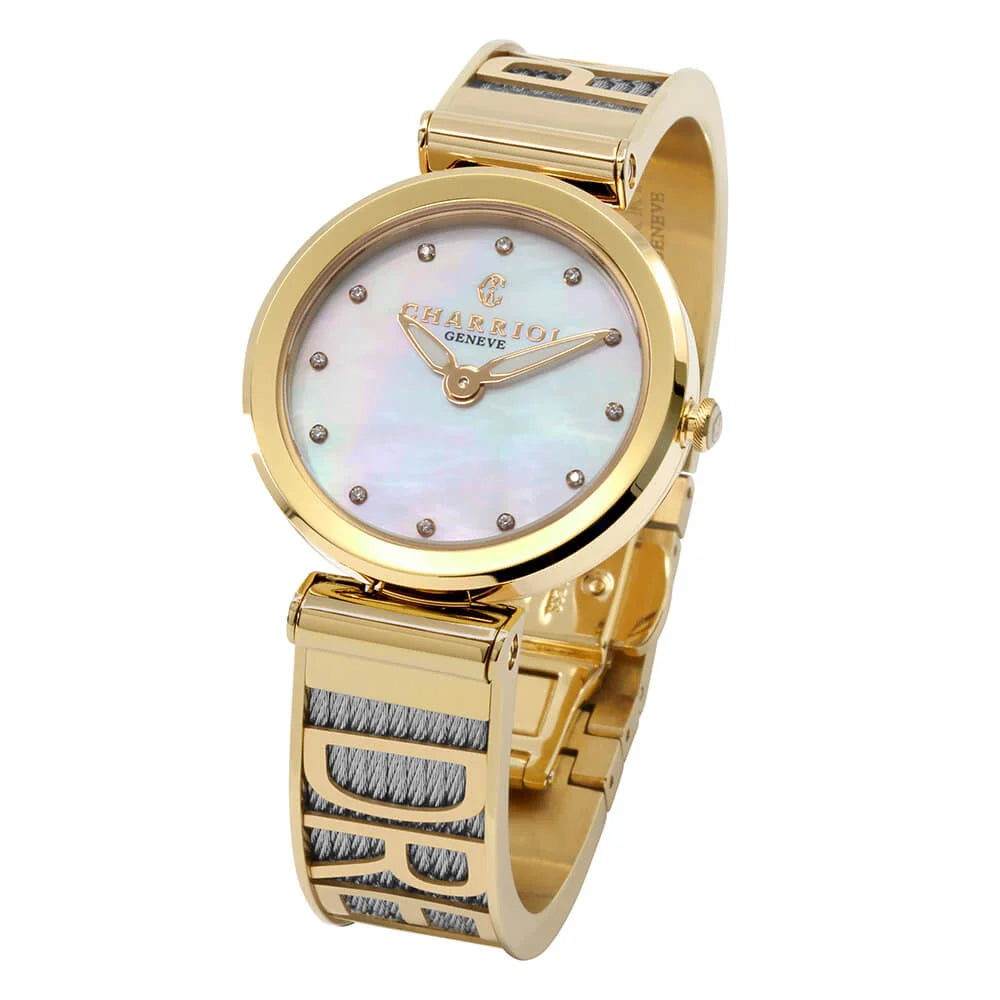 FOREVER IYONG, 32MM, KUWARTS KALIBRE, INA-NG-PERLAS NA MAY 12 DIAMONDS DIAL, DILAW NA GINTO PVD BEZEL, BAKAL CABLE PULSERAS - Charriol Geneve - Panoorin