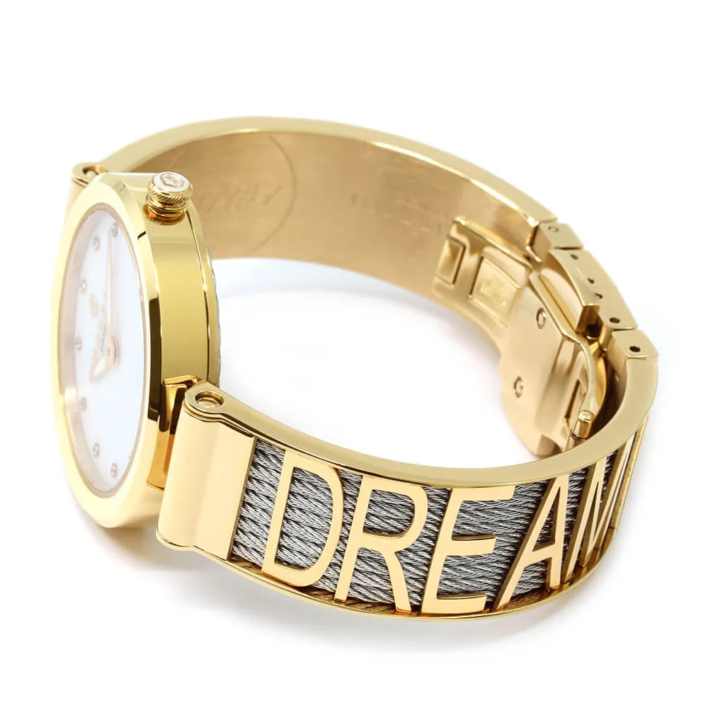 FOREVER IYONG, 32MM, KUWARTS KALIBRE, INA-NG-PERLAS NA MAY 12 DIAMONDS DIAL, DILAW NA GINTO PVD BEZEL, BAKAL CABLE PULSERAS - Charriol Geneve - Panoorin