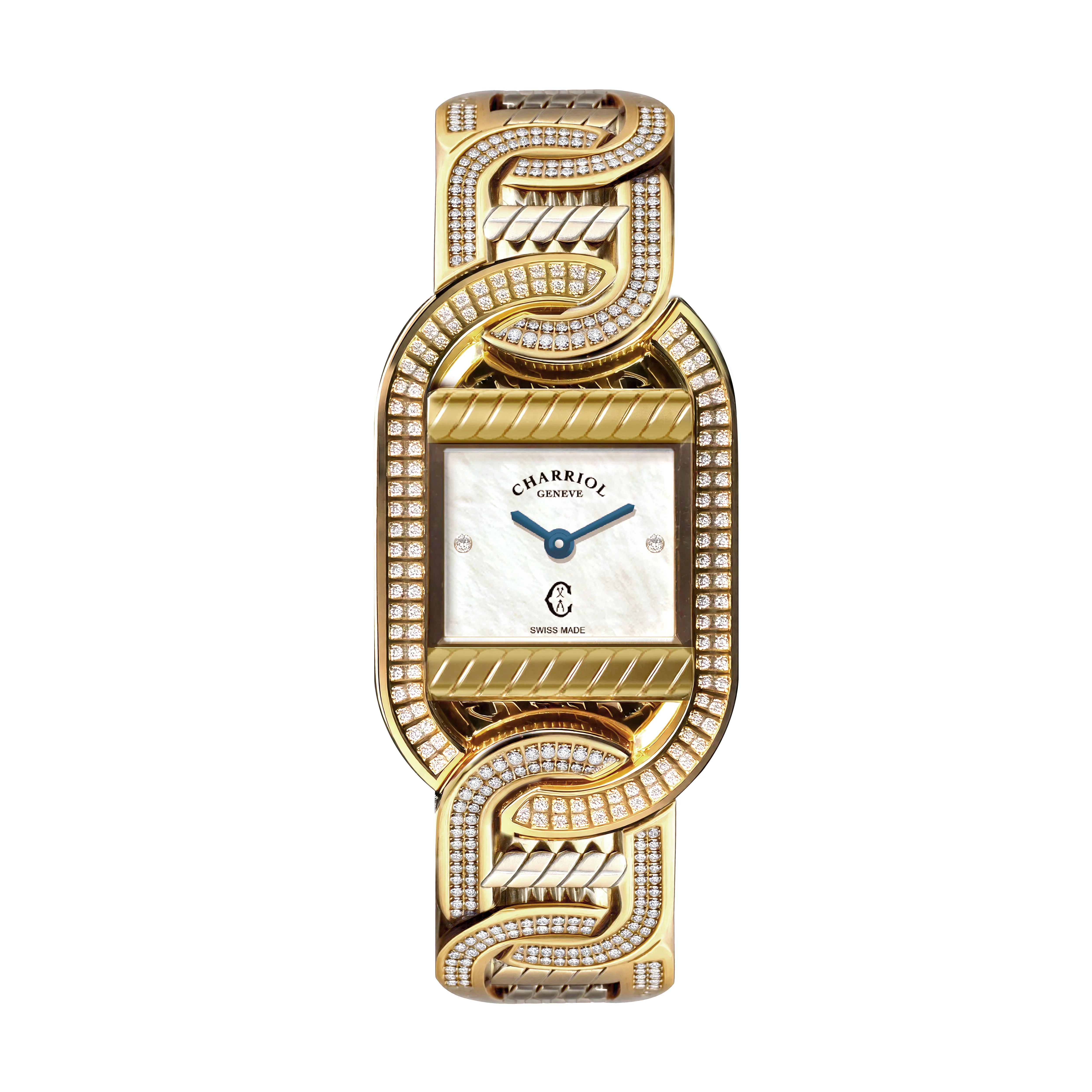MARINER, 20MM, QUARTZ CALIBRE, YELLOW GOLD PLATED CASE WITH 128 DIAMONDS, 6 YELLOW GOLD PLATED LINKS WITH 336 DIAMONDS, WHITE MOTHER-OF-PEARL WITH 2 DIAMONDS - ©2025 Philippe Charriol International Ltd. - Watch