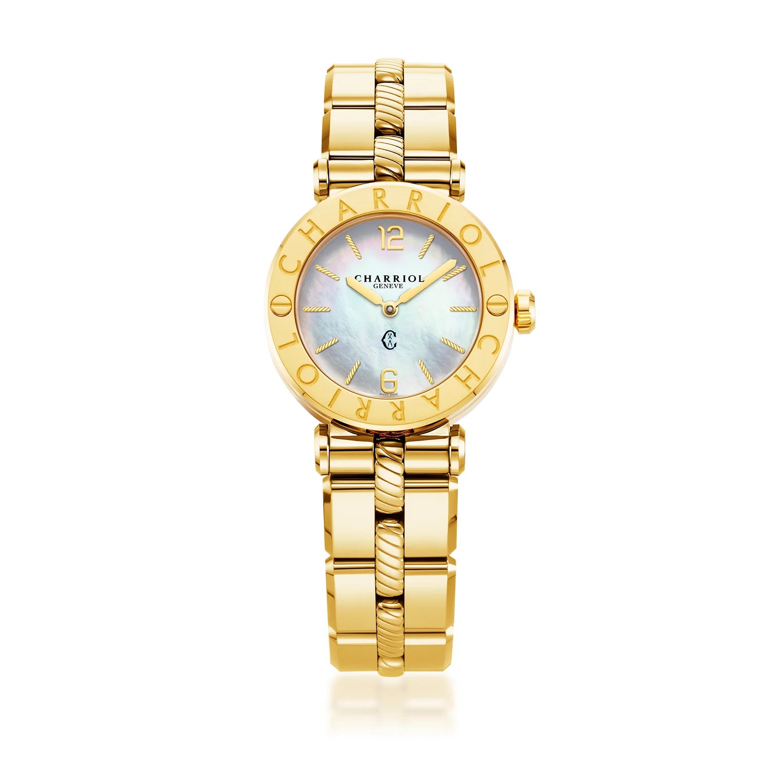 St Tropez Cruise Panoorin ang White at Yellow GoldSt Tropez Cruise 28mm Panoorin ang Yellow Gold Bracelet, Yellow Gold & 2 Screws Bezel at White MOP Dial - Charriol Geneve - Panoorin