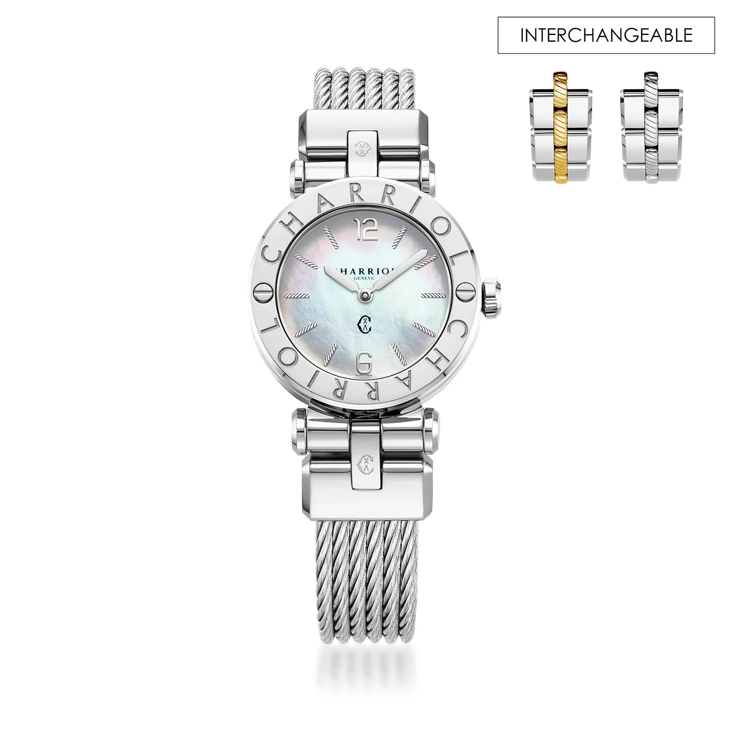 NAVIGATOR CRUISE, 28MM, QUARTZ CALIBRE, MOTHER-OF-PEARL DIAL, "CHARRIOL CHARRIOL" BEZEL, STEEL CABLE INTERCHANGEABLE BRACELET - Charriol Geneve - Watch