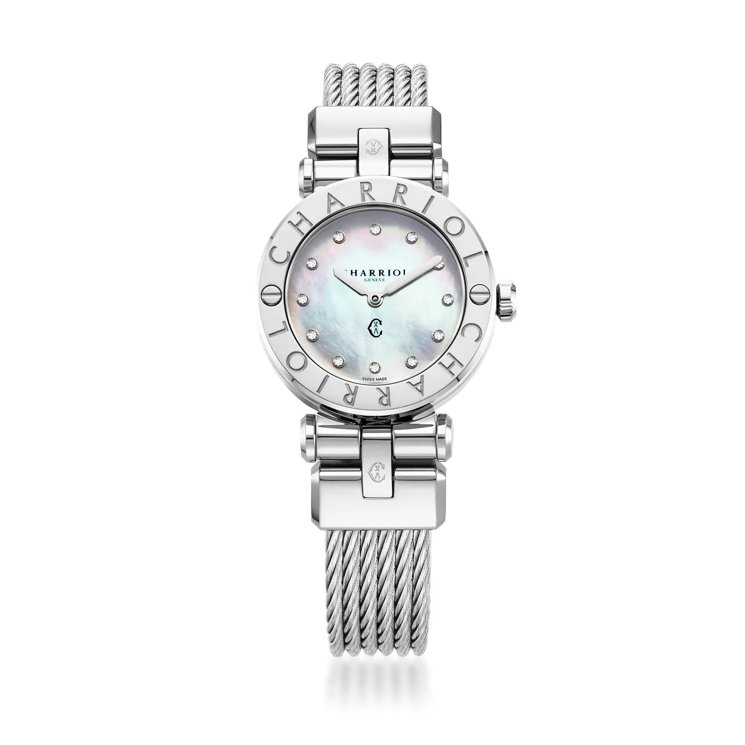 NAVIGATOR CRUISE, 28MM, QUARTZ CALIBRE, MOTHER-OF-PEARL WITH 12 DIAMONDS DIAL, "CHARRIOL CHARRIOL" BEZEL, STEEL CABLE INTERCHANGEABLE BRACELET - Charriol Geneve - Watch
