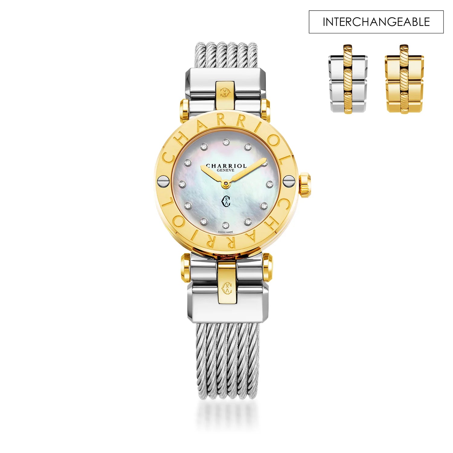 NAVIGATOR CRUISE, 28MM, QUARTZ CALIBRE, MOTHER-OF-PEARL WITH 12 DIAMONDS DIAL, "CHARRIOL CHARRIOL" BEZEL, STEEL CABLE INTERCHANGEABLE BRACELET - Charriol Geneve - Watch