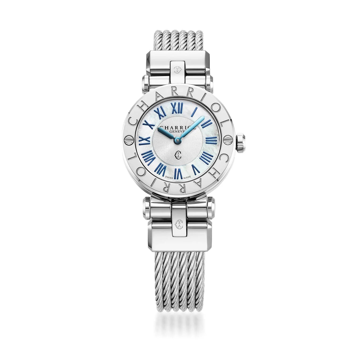 NAVIGATOR CRUISE, 28MM, QUARTZ CALIBRE, WHITE MOTHER-OF-PEARL WITH 12 BLUE ROMAN FIGURES DIAL, STEEL "CHARRIOL CHARRIOL" WITH 2 SCREWS BEZEL, STEEL INTERCHANGEABLE CABLE BRACELET - © 2024 Charriol - Watch