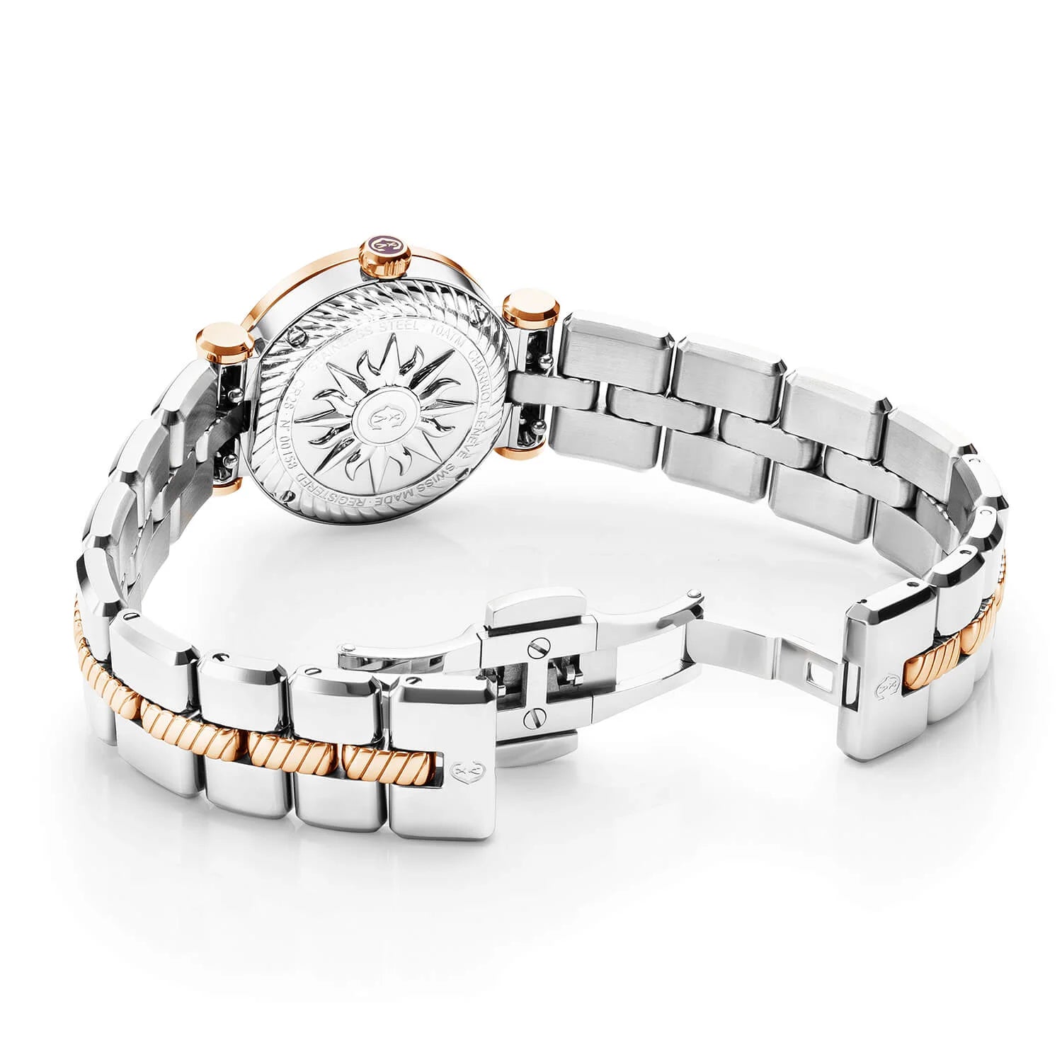 NAVIGATOR CRUISE, 28MM, QUARTZ CALIBRE, WHITE MOTHER OF PEARL WITH 12 DIAMONDS DIAL, STEEL ROSE GOLD PVD "CHARRIOL CHARRIOL" WITH 2 SCREWS BEZEL, METAL BICOLOR INTERCHANGEABLE BRACELET - © 2024 Charriol - Watch