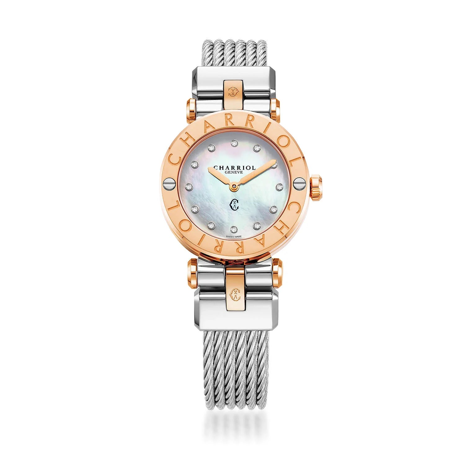 NAVIGATOR CRUISE, 28MM, QUARTZ CALIBRE, WHITE MOTHER-OF-PEARL WITH 12 DIAMONDS DIAL, STEEL ROSE GOLD PVD WITH 2 SCREWS BEZEL, STEEL WITH ROSE GOLD PVD INTERCHANGEABLE CABLE BRACELET - © 2024 Charriol - Watch