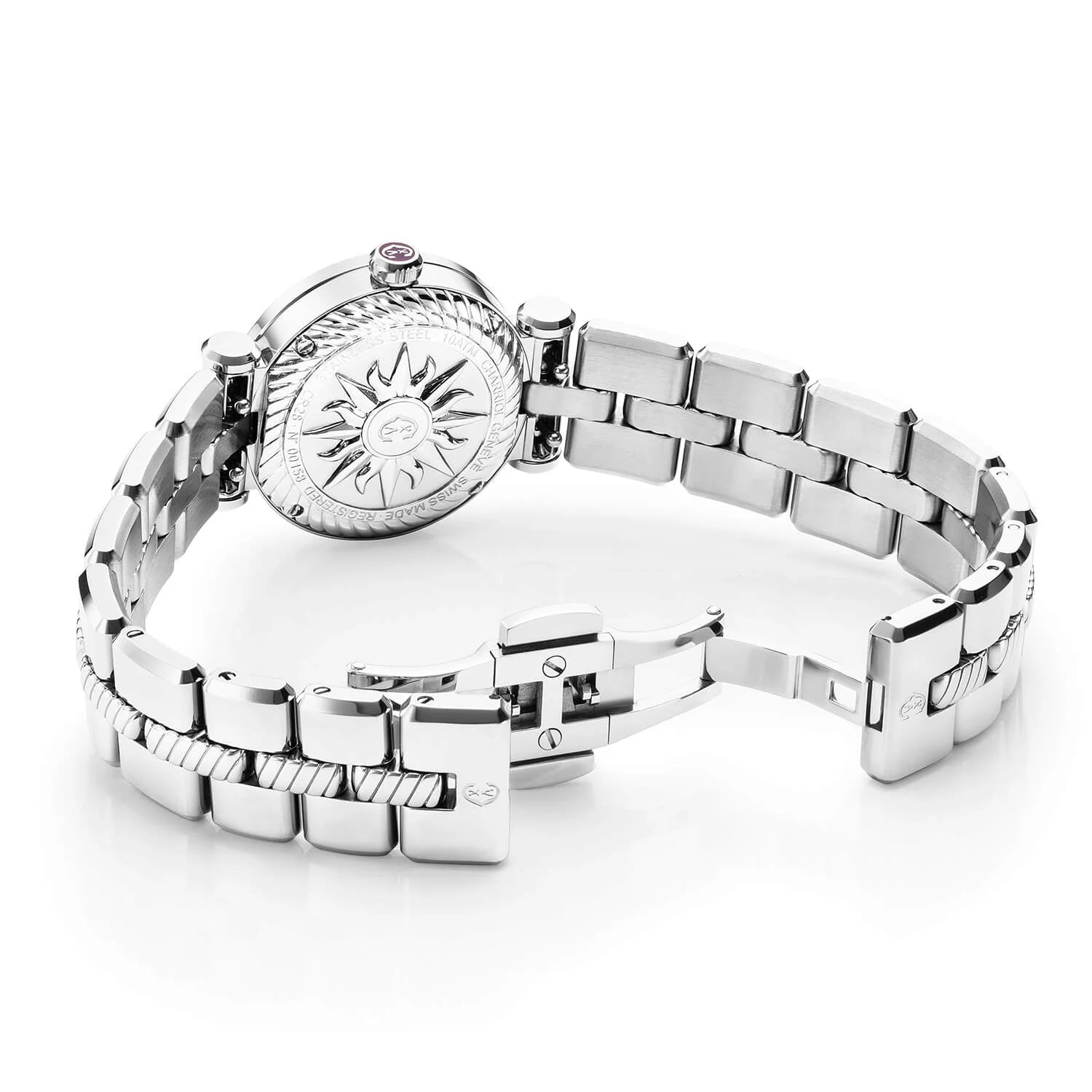 NAVIGATOR CRUISE, 28MM, QUARTZ CALIBRE, WHITE MOTHER-OF-PEARL WITH 12 ROMAN FIGURES DIAL, STEEL "CHARRIOL CHARRIOL" WITH 2 SCREWS BEZEL, METAL INTERCHANGEABLE BRACELET - © 2024 Charriol - Watch