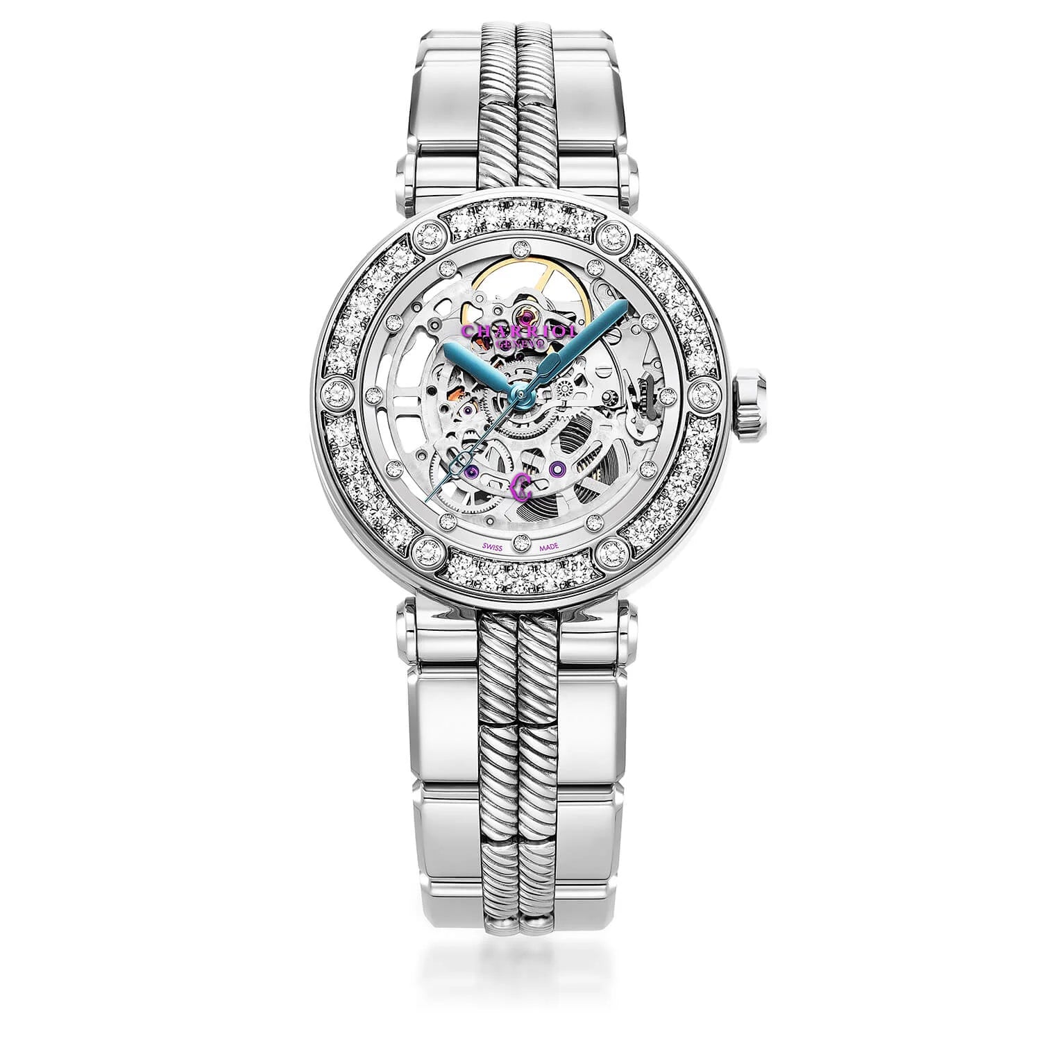 NAVIGATOR CRUISE, 36MM, CHARRIOL SKELETON AUTOMATIC CALIBRE, CRYSTAL WITH 12 DIAMONDS INDEX INNER RING DIAL, STEEL WITH 30 FULLCUTS DIAMONDS & 6 DIAMONDS, METAL INTERCHANGEABLE BRACELET - © 2024 Charriol - Watch