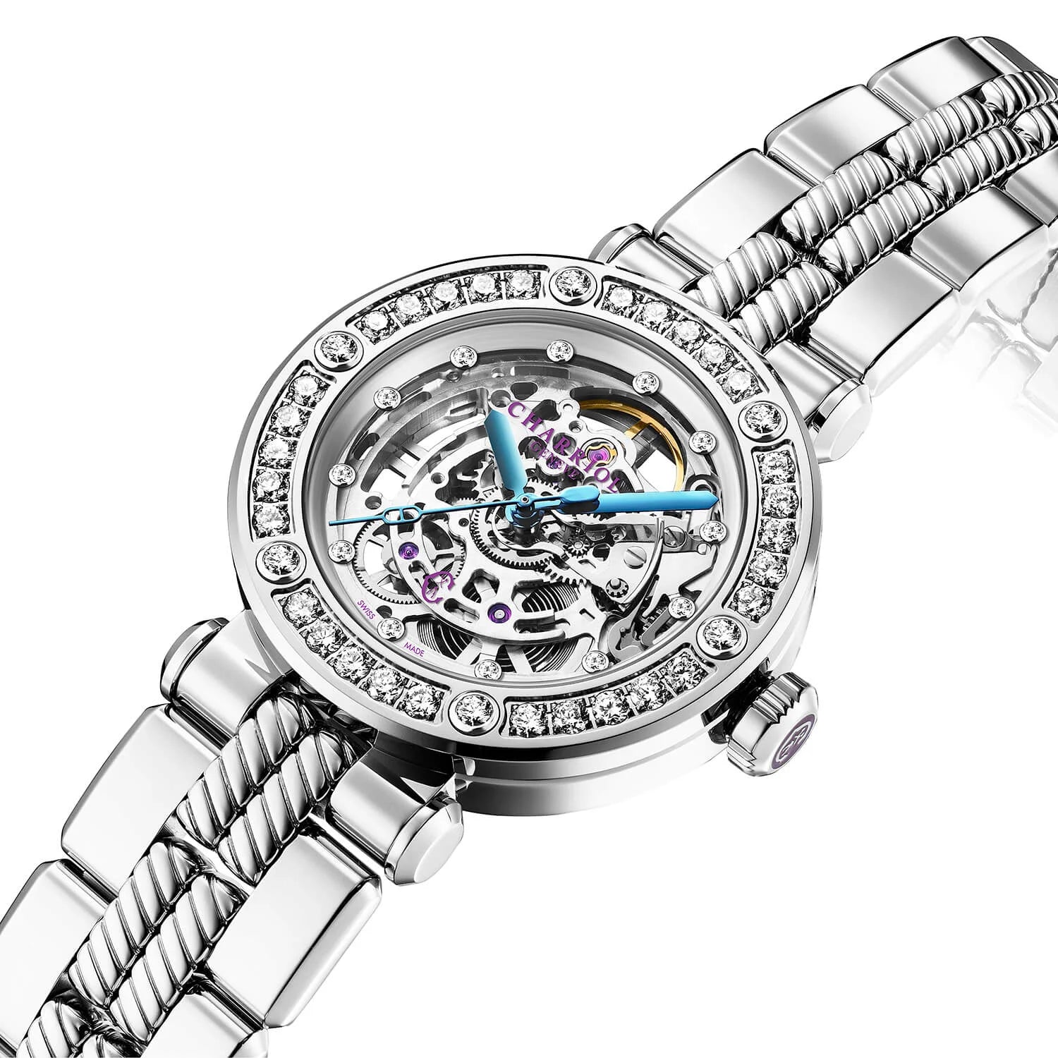 NAVIGATOR CRUISE, 36MM, CHARRIOL SKELETON AUTOMATIC CALIBRE, CRYSTAL WITH 12 DIAMONDS INDEX INNER RING DIAL, STEEL WITH 30 FULLCUTS DIAMONDS & 6 DIAMONDS, METAL INTERCHANGEABLE BRACELET - © 2024 Charriol - Watch
