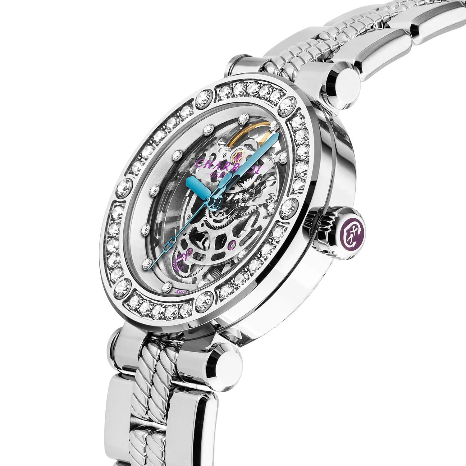 NAVIGATOR CRUISE, 36MM, CHARRIOL SKELETON AUTOMATIC CALIBRE, CRYSTAL WITH 12 DIAMONDS INDEX INNER RING DIAL, STEEL WITH 30 FULLCUTS DIAMONDS & 6 DIAMONDS, METAL INTERCHANGEABLE BRACELET - © 2024 Charriol - Watch
