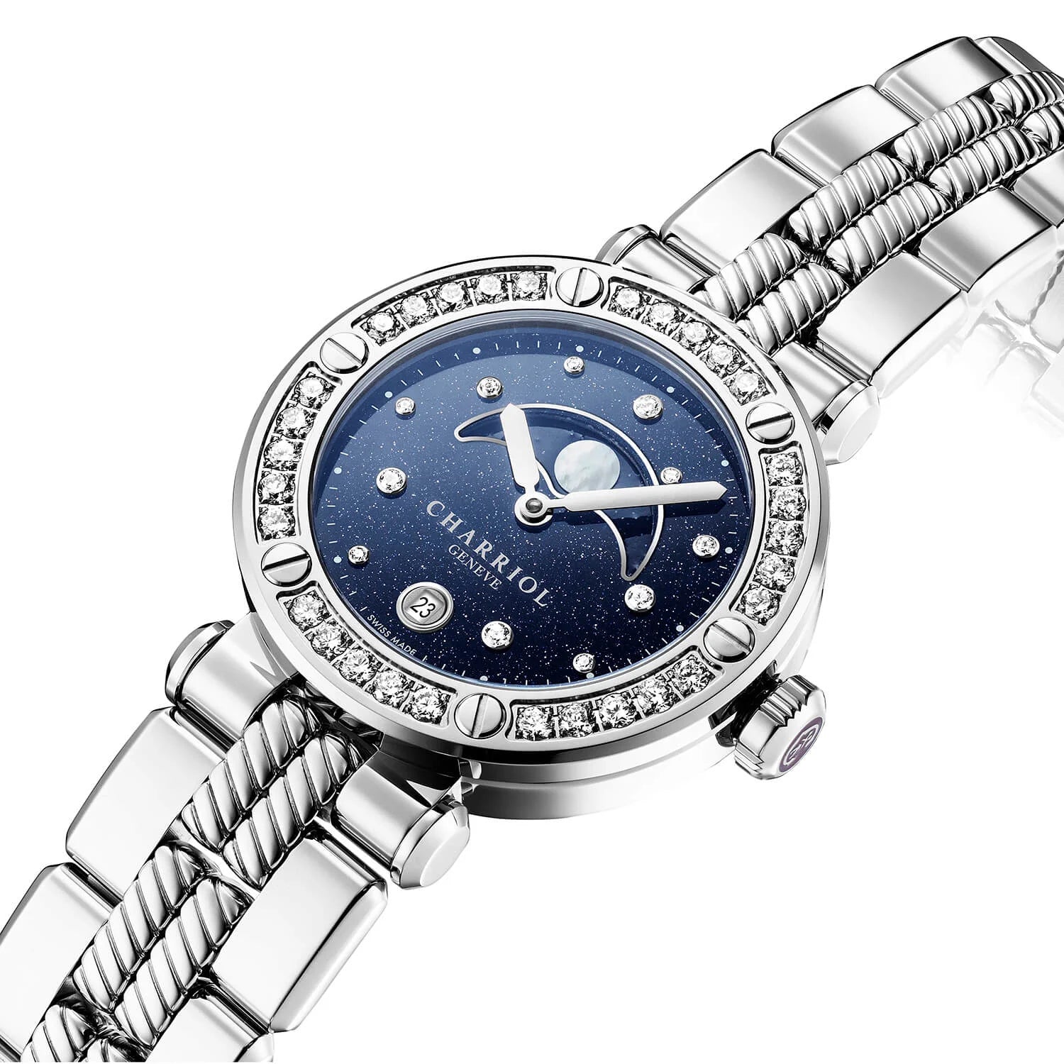 NAVIGATOR CRUISE, 36MM, MOONPHASE QUARTZ CALIBRE, AVENTURINE PRINTED WITH 11 DIAMONDS DIAL, STEEL WITH 30 DIAMONDS AND 6 SCREWS BEZEL, METAL INTERCHANGEABLE BRACELET - © 2024 Charriol - Watch