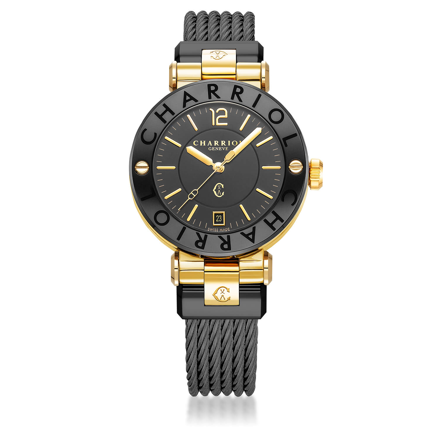 NAVIGATOR CRUISE, 36MM, QUARTZ CALIBRE, BLACK WITH YELLOW GOLD PVD ARABIC AND 10 INDEX, STEEL BLACK PVD "CHARRIOL CHARRIOL" WITH 2 SCREWS BEZEL, STEEL BLACK PVD INTERCHANGEABLE CABLE BRACELET - © 2024 Charriol - Watch