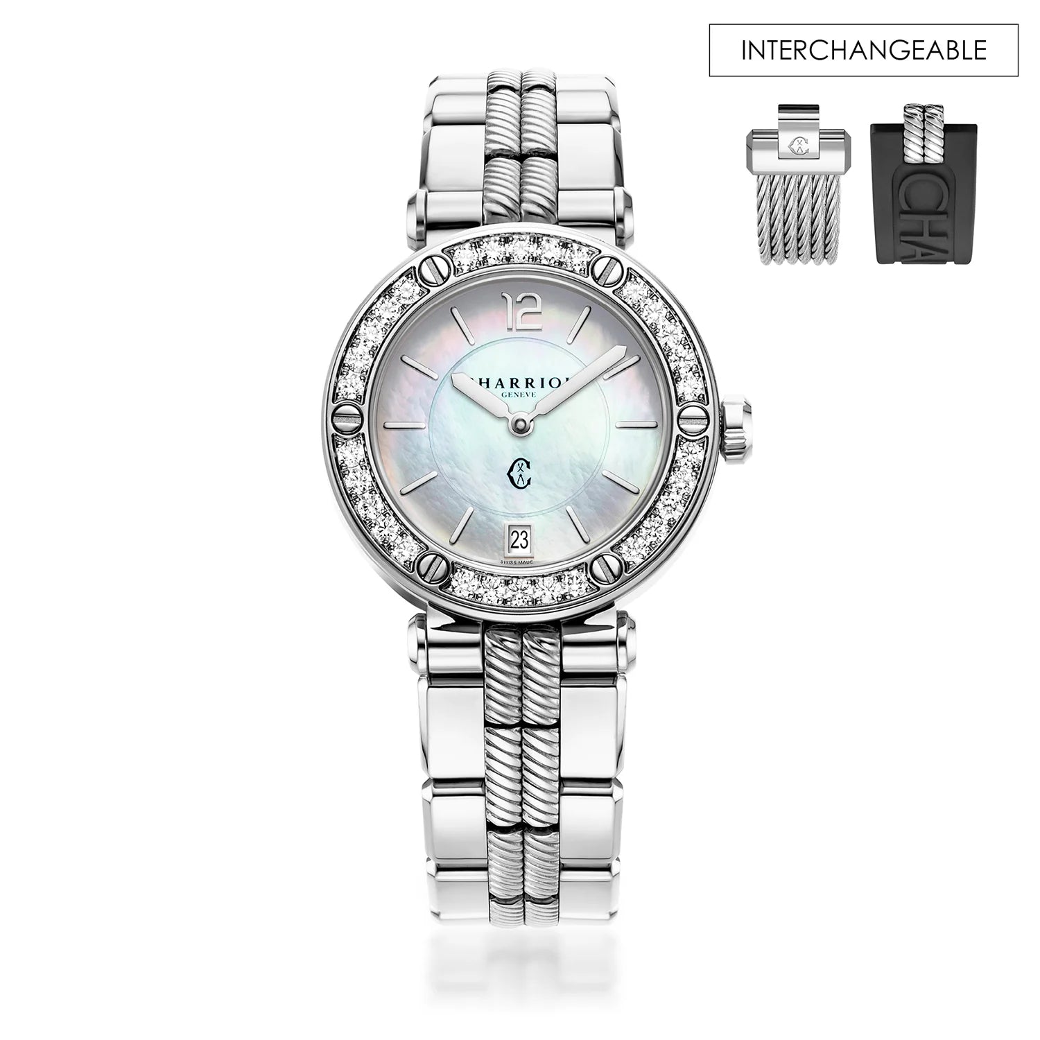 NAVIGATOR CRUISE, 36MM, QUARTZ CALIBRE, MOTHER-OF-PEARL DIAL, 30 DIAMONDS BEZEL, STEEL INTERCHANGEABLE BRACELET - Charriol Geneve - Watch