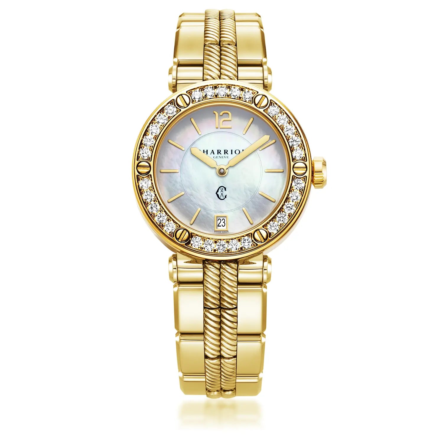 NAVIGATOR CRUISE, 36MM, KUWARTS KALIBRE, INA-NG PERLAS DIAL, 30 DIAMONDS BEZEL, BAKAL DILAW GINTO PVD MAPAGPAPALIT BRACELET - Charriol Geneve - Panoorin