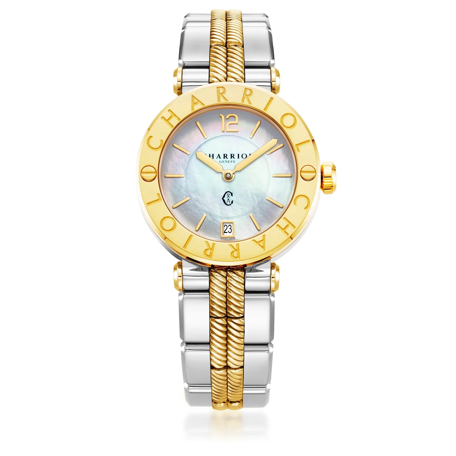 St Tropez Cruise 36mm Panoorin ang Light Grey & Yellow Gold Bracelet, Yellow Gold & 2 Screws Bezel at White MOP Dial - Charriol Geneve - Panoorin