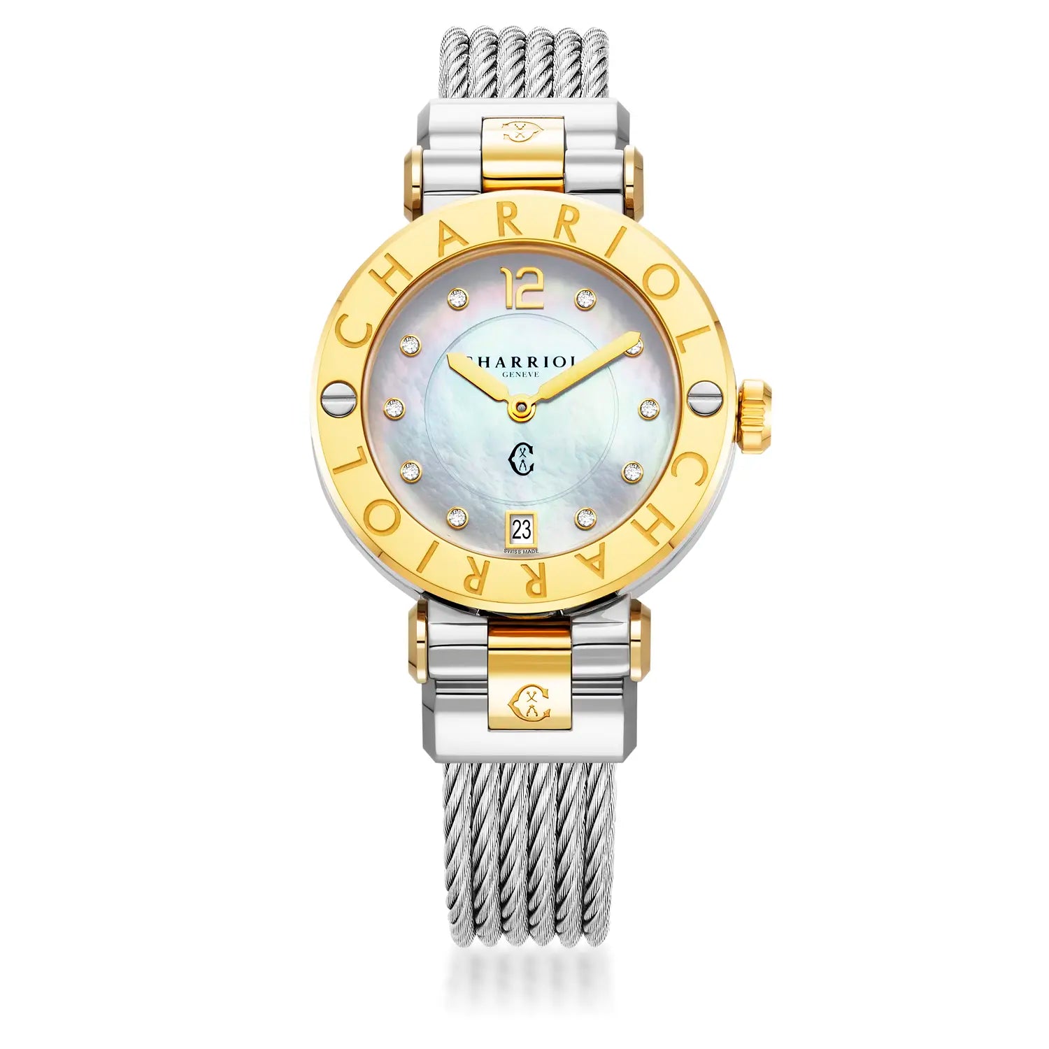 NAVIGATOR CRUISE, 36MM, QUARTZ CALIBRE, MOTHER-OF-PEARL WITH 10 DIAMONDS DIAL, "CHARRIOL CHARRIOL" BEZEL, STEEL CABLE INTERCHANGEABLE BRACELET - Charriol Geneve - Watch
