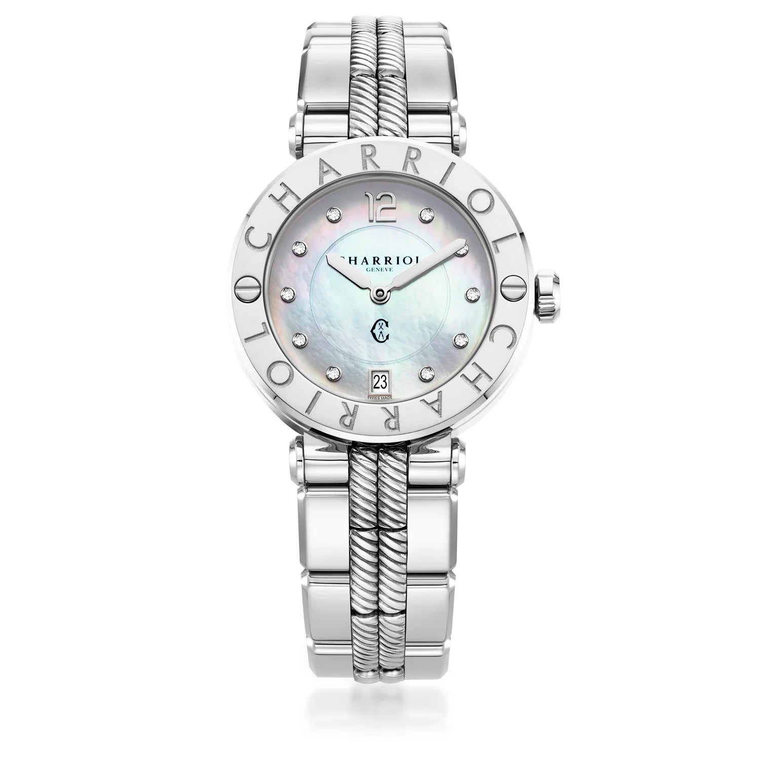 NAVIGATOR CRUISE, 36MM, KUWARTS KALIBRE, INA NG PERLAS NA MAY 10 DIAL DIAMONDS, "CHARRIOL CHARRIOL" BEZEL, BAKAL INTERNCHANGEABLE BRACELET - Charriol Geneve - Panoorin