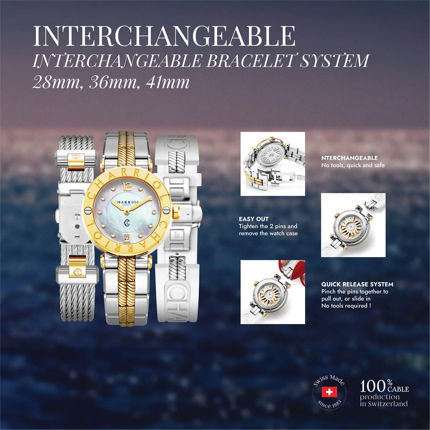 NAVIGATOR CRUISE, 36MM, KUWARTS KALIBRE, INA NG PERLAS NA MAY 10 DIAMONDS DIAL, BAKAL "CHARRIOL CHARRIOL" BEZEL, STEEL CABLE INTERCHEANGEABLE BRACELET - Charriol Geneve - Panoorin