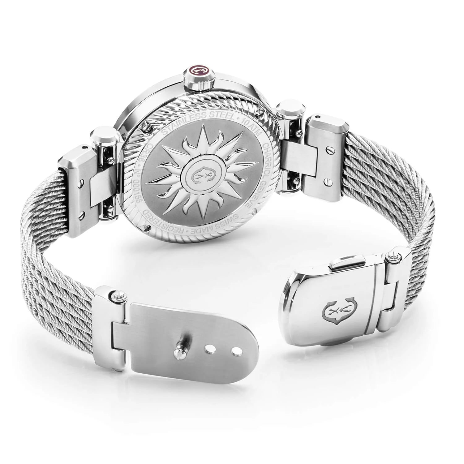 NAVIGATOR CRUISE, 36MM, QUARTZ CALIBRE, WHITE MOTHER-OF-PEARL AND MATT WHITE SUN CENTER WITH 12 ROMAN FIGURES DIAL, STEEL WITH 30 DIAMONDS BEZEL, STEEL INTERCHANGEABLE CABLE BRACELET - © 2024 Charriol - Watch