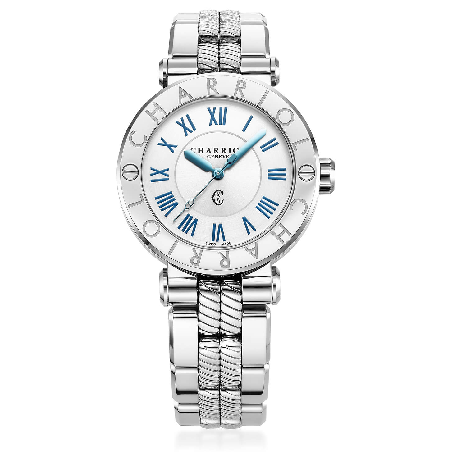 NAVIGATOR CRUISE, 41MM, QUARTZ CALIBRE, WHITE MOTHER-OF-PEARL WITH 12 ROMAN FIGURES DIAL, STEEL "CHARRIOL CHARRIOL" WITH 2 SCREWS BEZEL, METAL INTERCHANGEABLE BRACELET - © 2024 Charriol - Watch