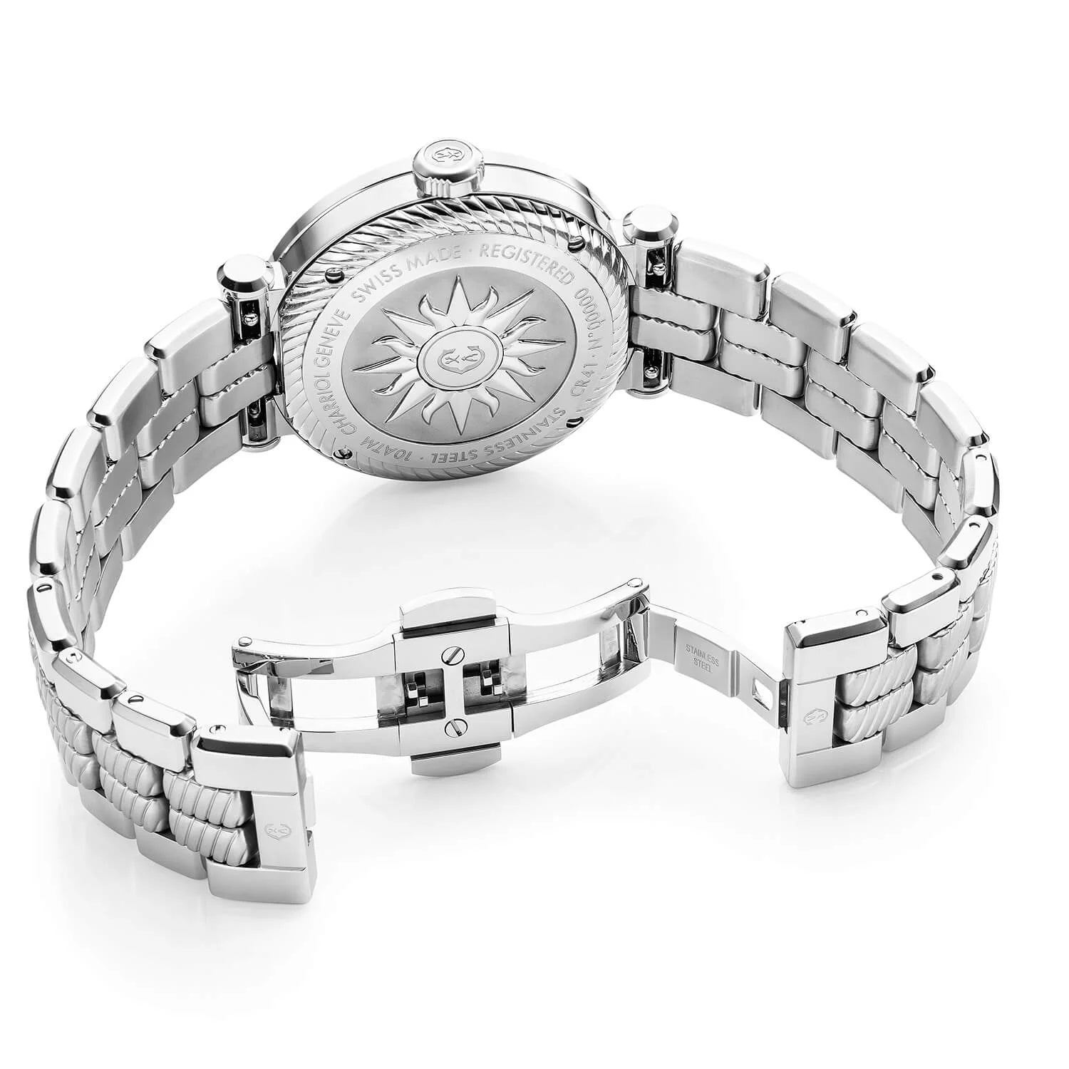 NAVIGATOR CRUISE, 41MM, QUARTZ CALIBRE, WHITE MOTHER-OF-PEARL WITH 12 ROMAN FIGURES DIAL, STEEL "CHARRIOL CHARRIOL" WITH 2 SCREWS BEZEL, METAL INTERCHANGEABLE BRACELET - © 2024 Charriol - Watch