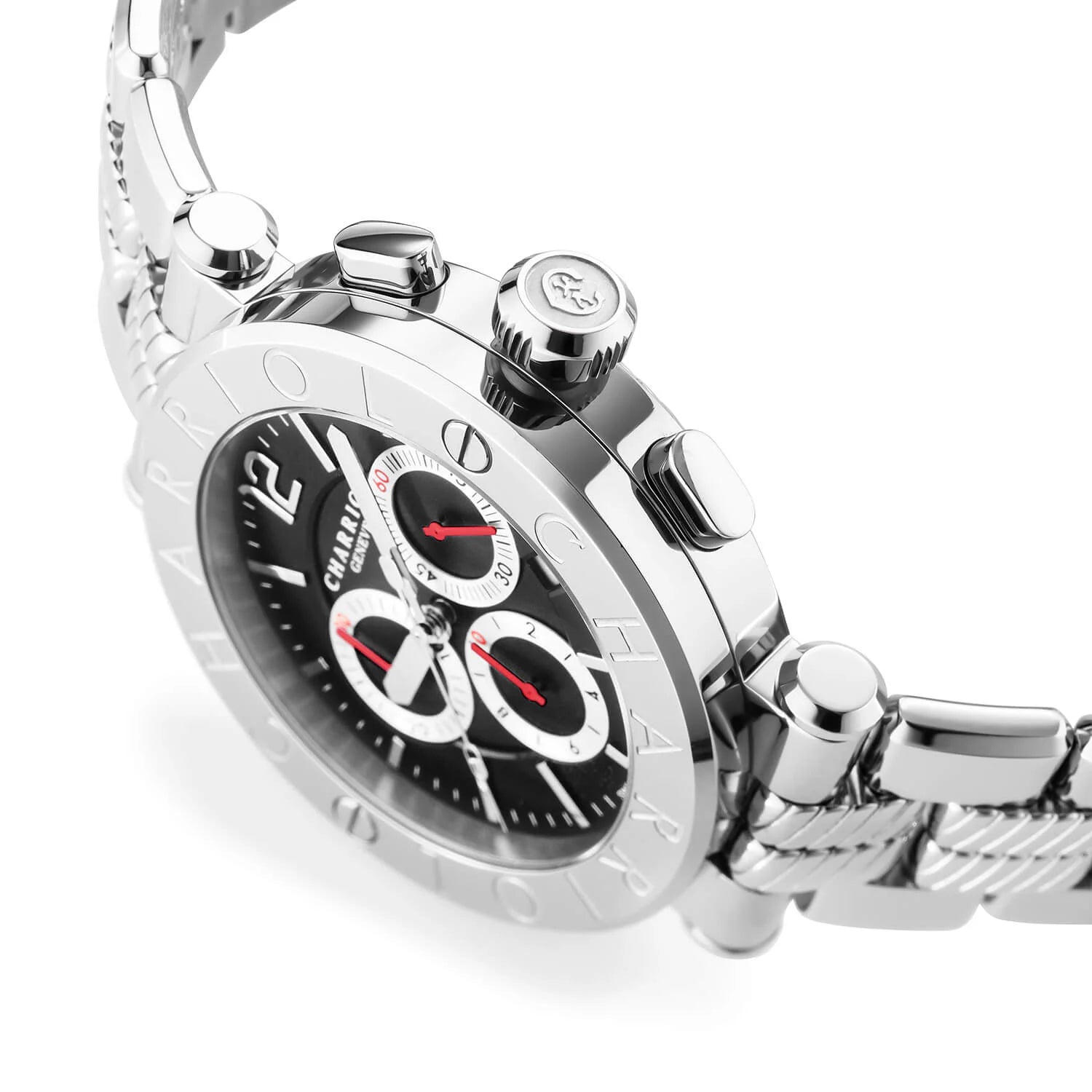 NAVIGATOR CRUISE, 41MM, QUARTZ CHRONOGRAPH CALIBRE, BLACK WITH 3 RHODIUM MIRRORS & INDEX DIAL, STEEL "CHARRIOL CHARRIOL" WITH 2 SCREWS BEZEL, METAL INTERCHANGEABLE BRACELET - © 2024 Charriol - Watch