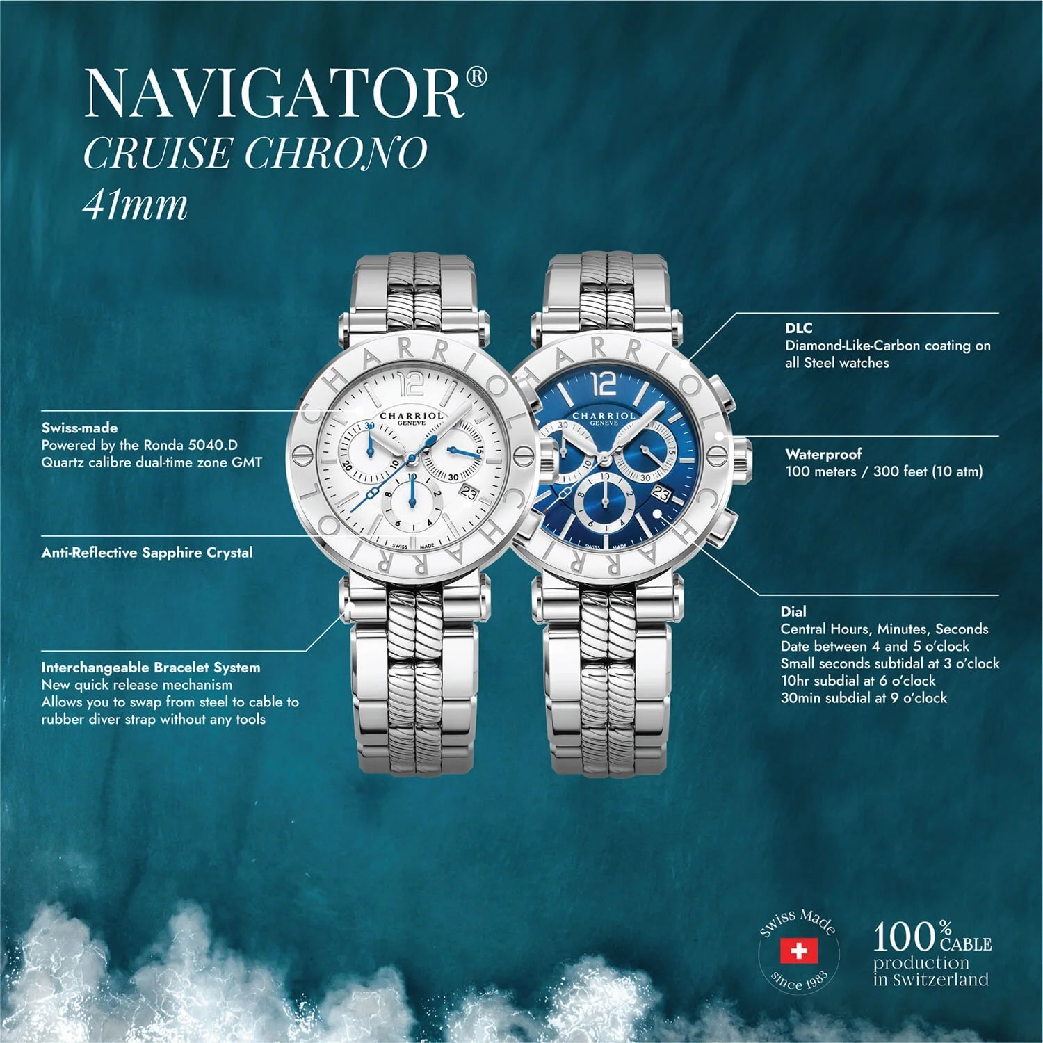 NAVIGATOR CRUISE, 41MM, QUARTZ CHRONOGRAPH CALIBRE, WHITE DIAL, "CHARRIOL CHARRIOL" BEZEL, STEEL INTERCHANGEABLE BRACELET - Charriol Geneve - Watch