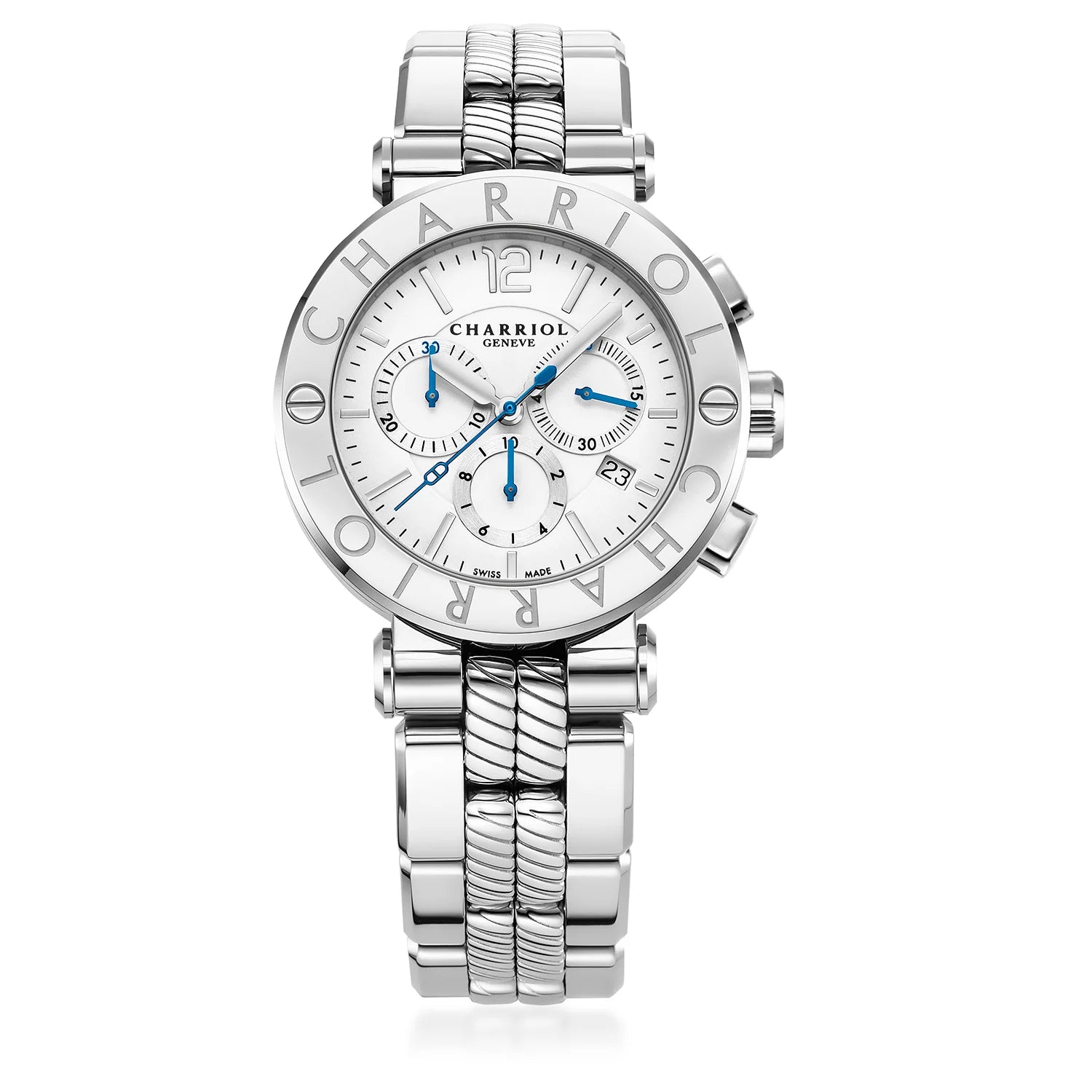 NAVIGATOR CRUISE, 41MM, QUARTZ CHRONOGRAPH CALIBRE, WHITE DIAL, "CHARRIOL CHARRIOL" BEZEL, STEEL INTERCHANGEABLE BRACELET - Charriol Geneve - Watch