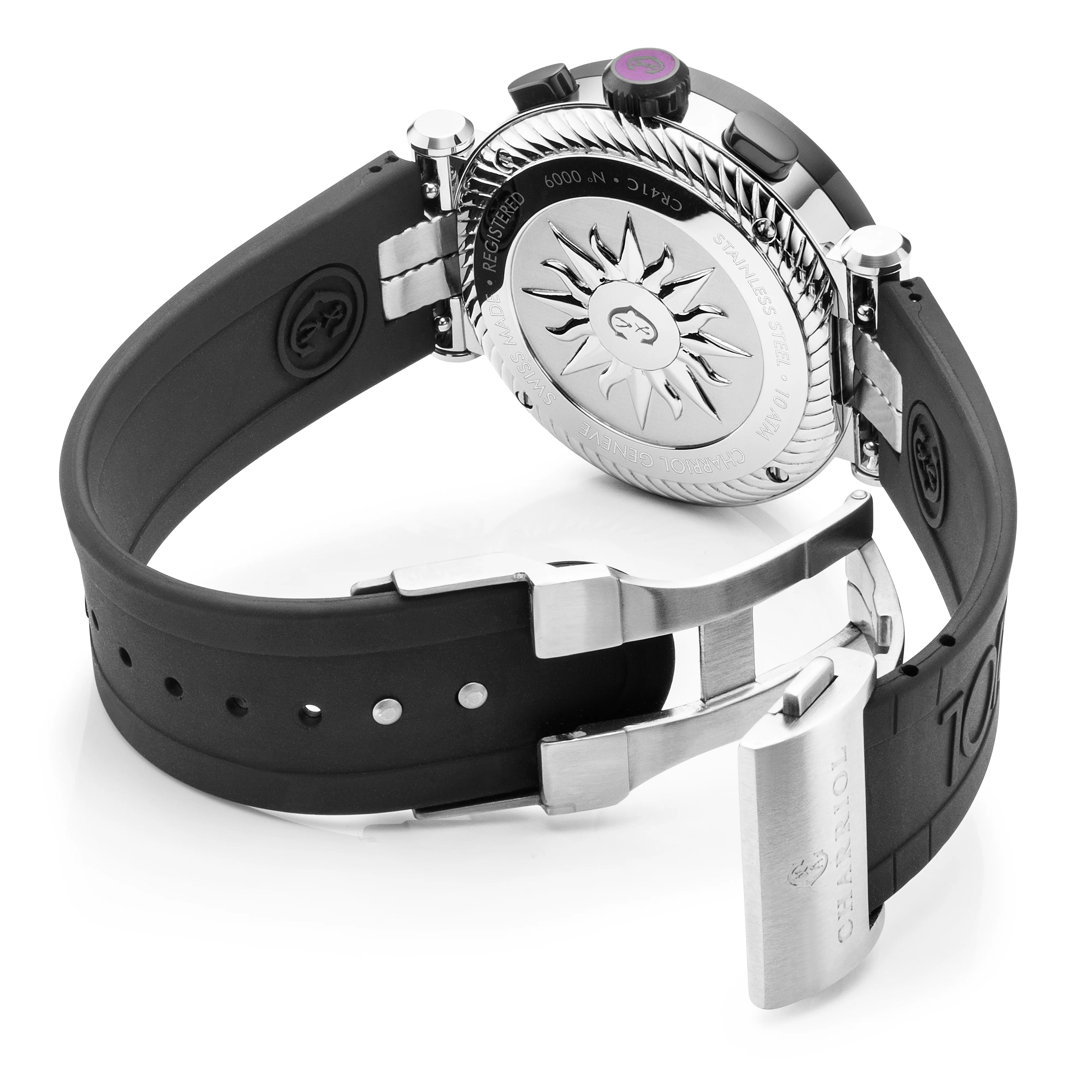 NAVIGATOR CRUISE, 41MM, QUARTZ CHRONOGRAPH CALIBRE, WHITE DIAL WITH 1 ARABIC AND 11 RHODIUM INDEX DIAL, STEEL BLACK PVD "CHARRIOL CHARRIOL" BEZEL, BLACK RUBBER INTERCHANGEABLE BRACELET - ©2025 Philippe Charriol International Ltd. - Watch