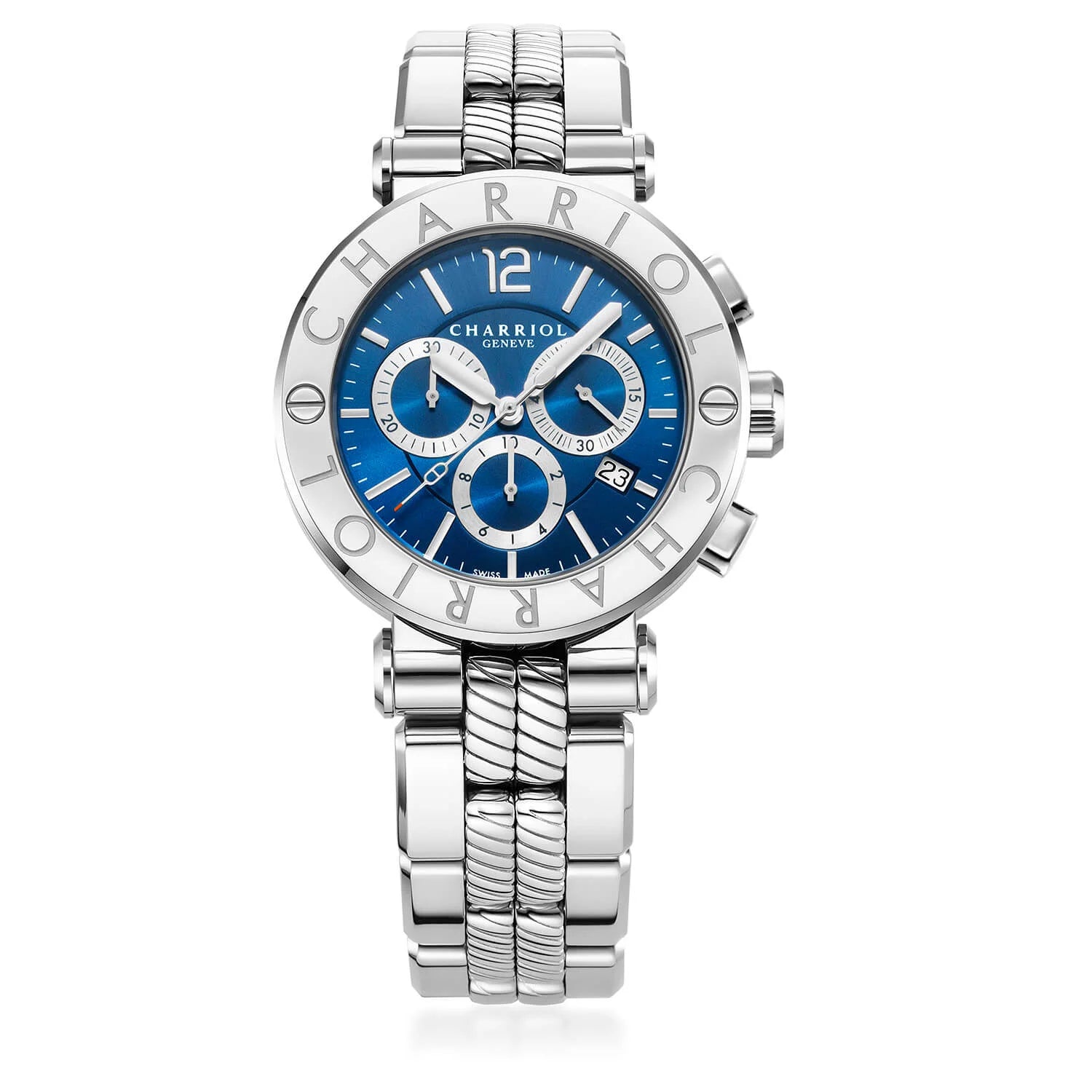 NAVIGATOR CRUISE, 41MM, QUARTZ CHRONOGRPH CALIBRE, BLUE WITH 3 RHODIUM MIRRORS & INDEX DIAL, STEEL "CHARRIOL CHARRIOL" WITH 2 SCREWS BEZEL, STEEL METAL INTERCHANGEABLE BRACELET - © 2024 Charriol - Watch