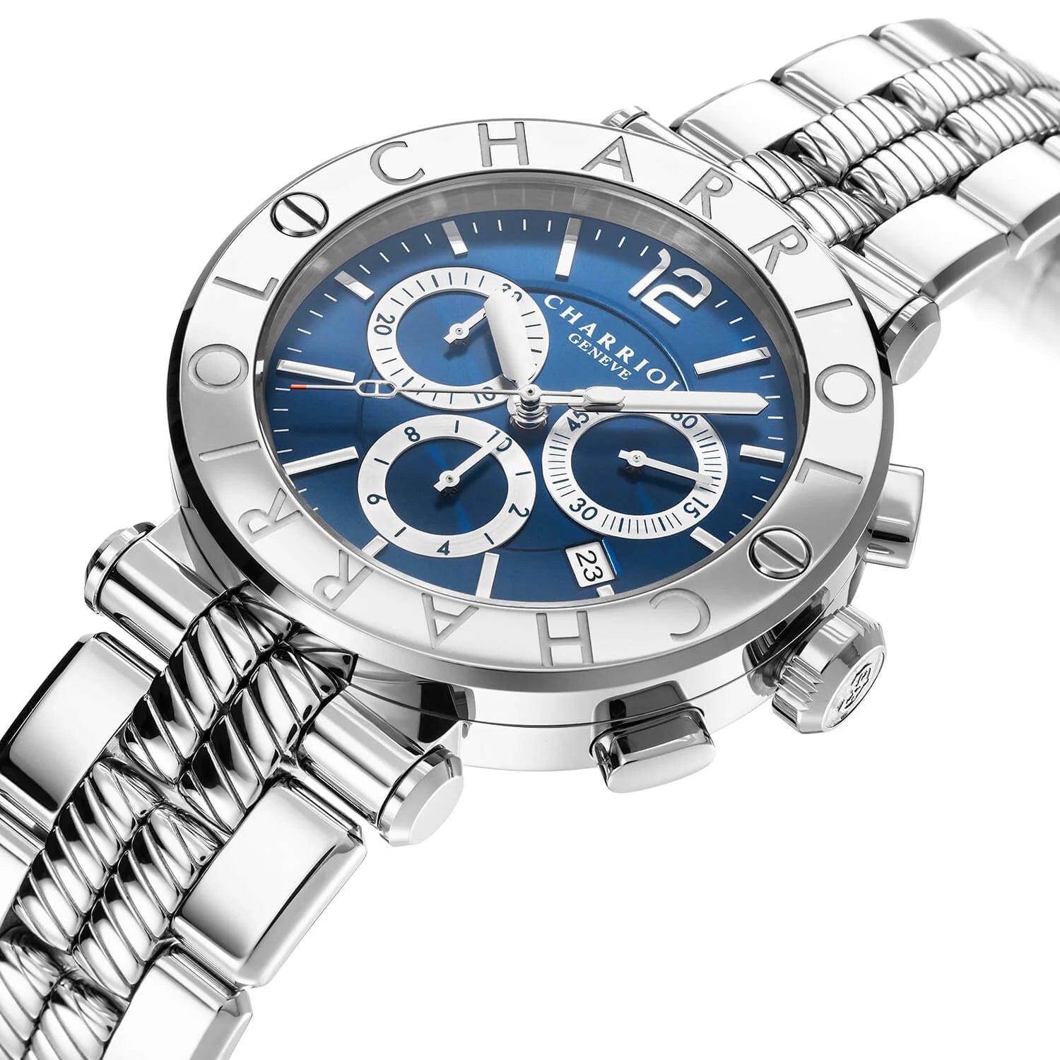 NAVIGATOR CRUISE, 41MM, QUARTZ CHRONOGRPH CALIBRE, BLUE WITH 3 RHODIUM MIRRORS & INDEX DIAL, STEEL "CHARRIOL CHARRIOL" WITH 2 SCREWS BEZEL, STEEL METAL INTERCHANGEABLE BRACELET - © 2024 Charriol - Watch