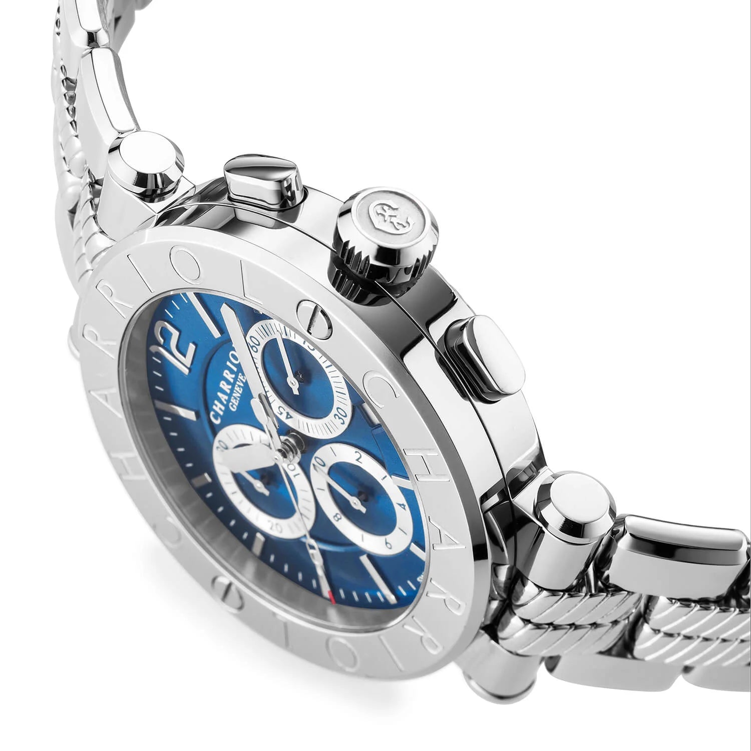 NAVIGATOR CRUISE, 41MM, QUARTZ CHRONOGRPH CALIBRE, BLUE WITH 3 RHODIUM MIRRORS & INDEX DIAL, STEEL "CHARRIOL CHARRIOL" WITH 2 SCREWS BEZEL, STEEL METAL INTERCHANGEABLE BRACELET - © 2024 Charriol - Watch