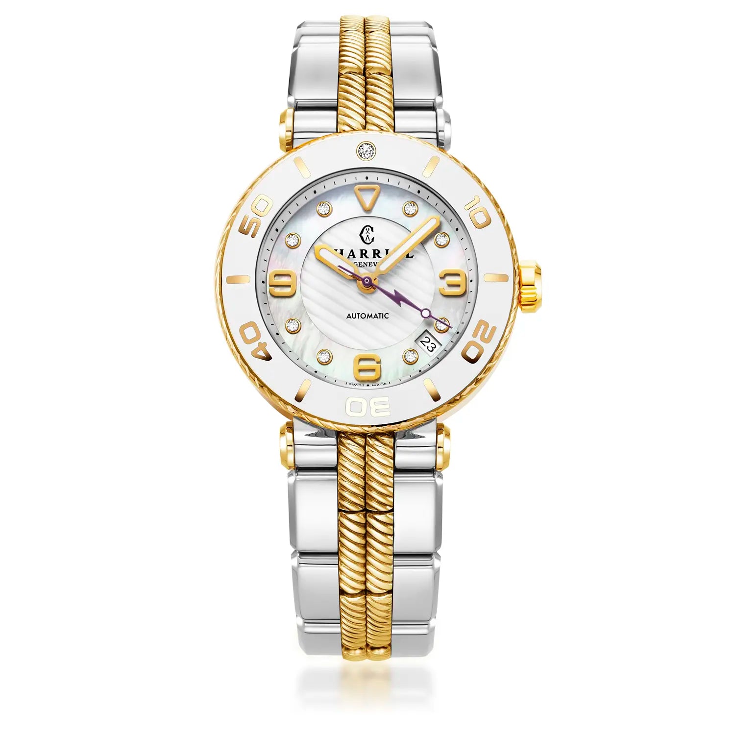 NAVIGATOR SURF, 36MM, AWTOMATIKONG KALIBRE, PUTING DIAL, PUTING BEZEL, BAKAL BICOLOR MAPAGPAPALIT BRACELET - Charriol Geneve - Panoorin