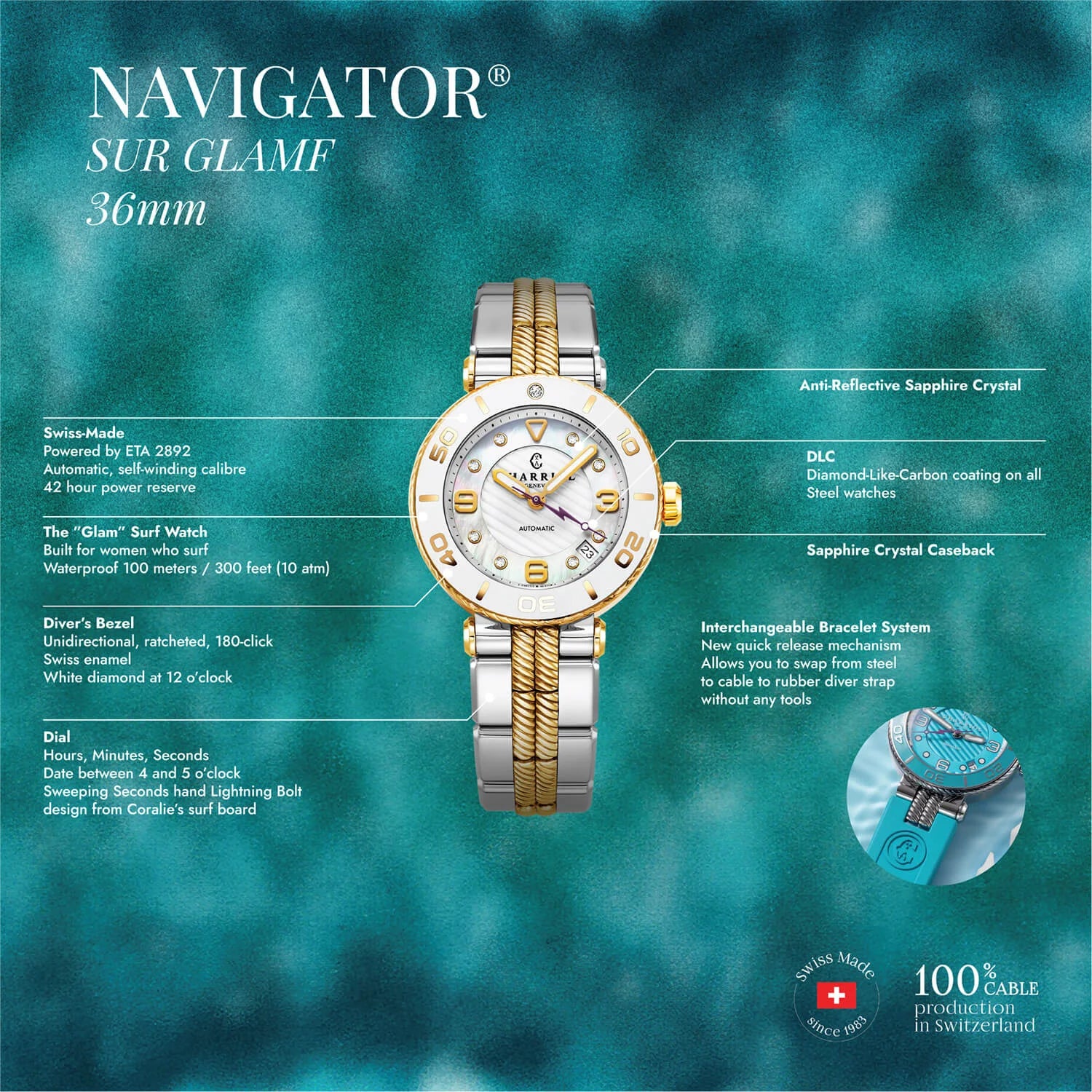 NAVIGATOR SURF, 36MM, AWTOMATIKONG KALIBRE, PUTING DIAL, PUTING BEZEL, BAKAL BICOLOR MAPAGPAPALIT BRACELET - Charriol Geneve - Panoorin