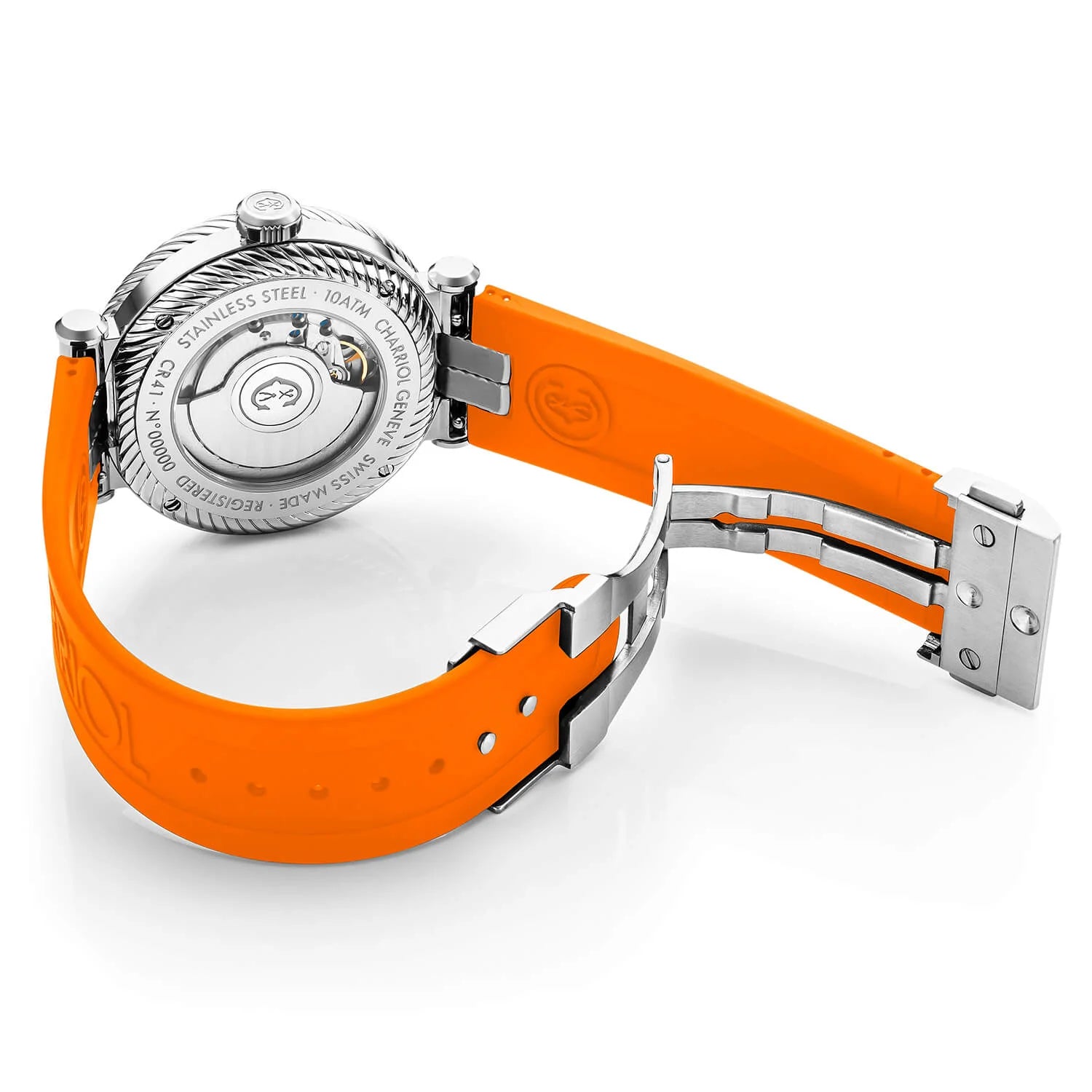 NAVIGATOR SURF, 41MM, AWTOMATIKONG KALIBRE, ITIM NA LUMINOVA DIAL, ITIM AT PILAK BEZEL, ORANGE GOMA MAPAGPAPALIT PULSERAS - © 2024 Charriol - Panoorin
