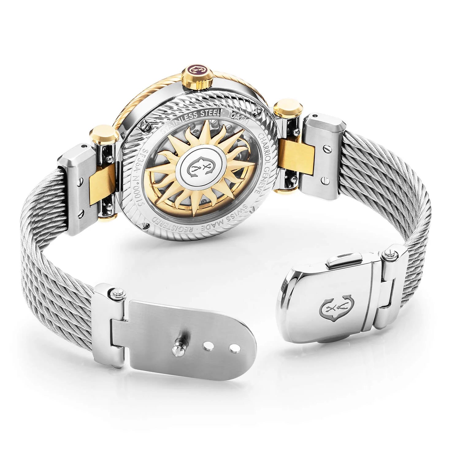 NAVIGATOR SURF GLAM, 36MM, AUTOMATIC CALIBRE, STEEL YELLOW GOLD PVD WITH 31 DIAMONDS BEZEL, WHITE MOTHER-OF-PEARL WITH ARABIC INDEX, STEEL CABLE INTERCHANGEABLE BRACELET - Charriol - Watch