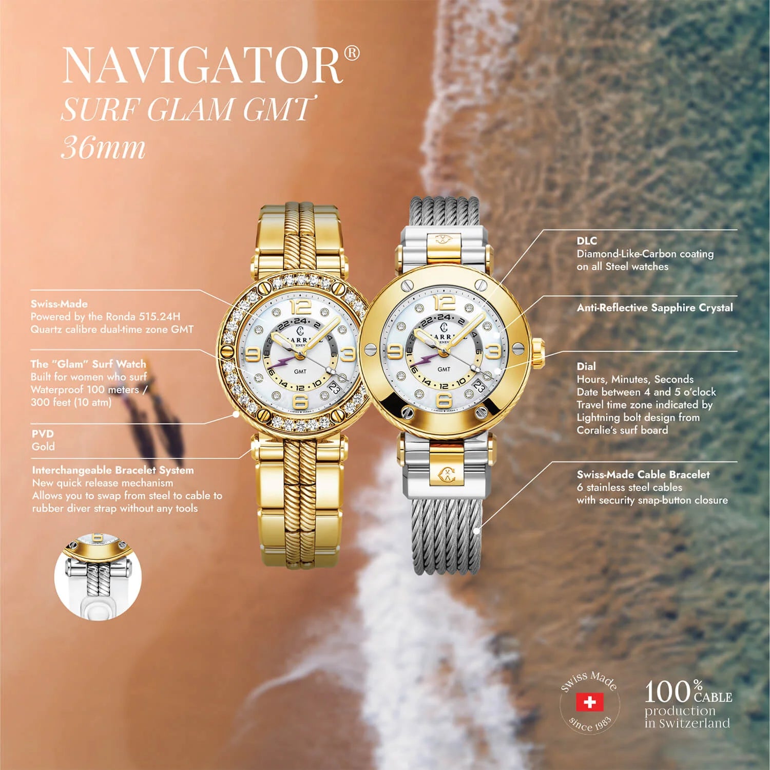 NAVIGATOR SURF GMT, 36MM, KUWARTS GMT KALIBRE, PUTING DIAL, 30 DIAMONDS BEZEL, DILAW NA GINTO PVD MAPAGPAPALIT BRACELET - Charriol Geneve - Panoorin